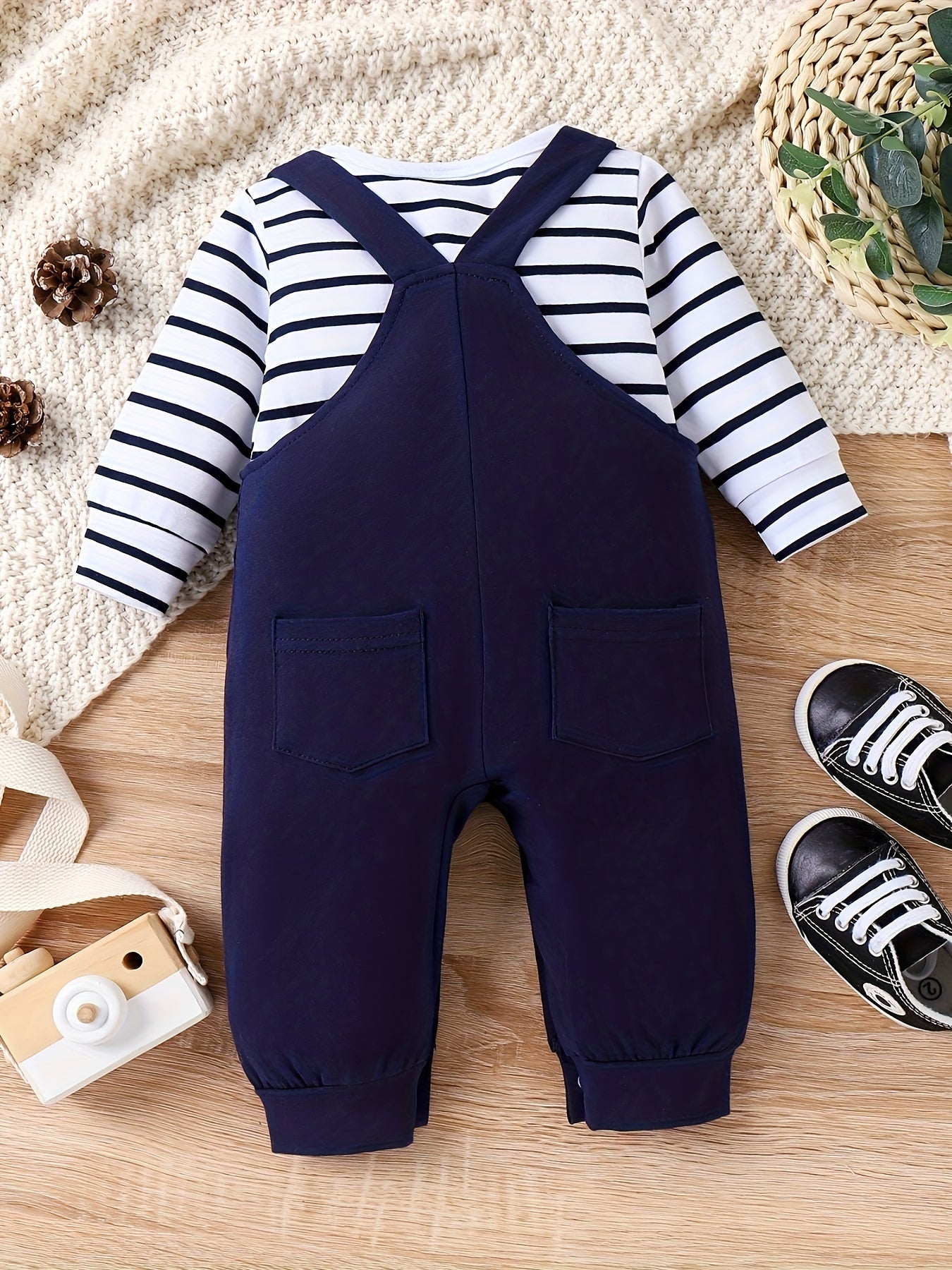 Baby Boy Fall/Winter Romper Set – Long Sleeve Stripe Bodysuit with Adjustable Suspender Pants, 0-18 Months