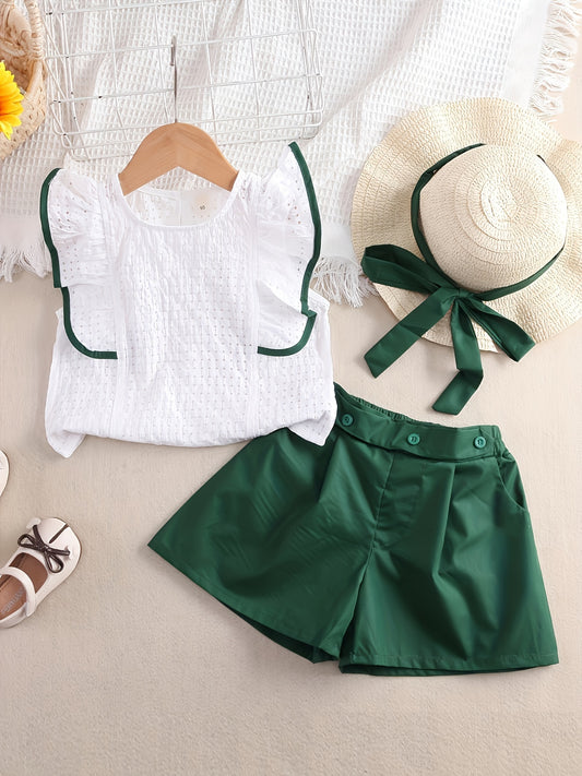 Girls’ Summer 2PCS Outfit – Ruffled Top & Button Shorts with Hat
