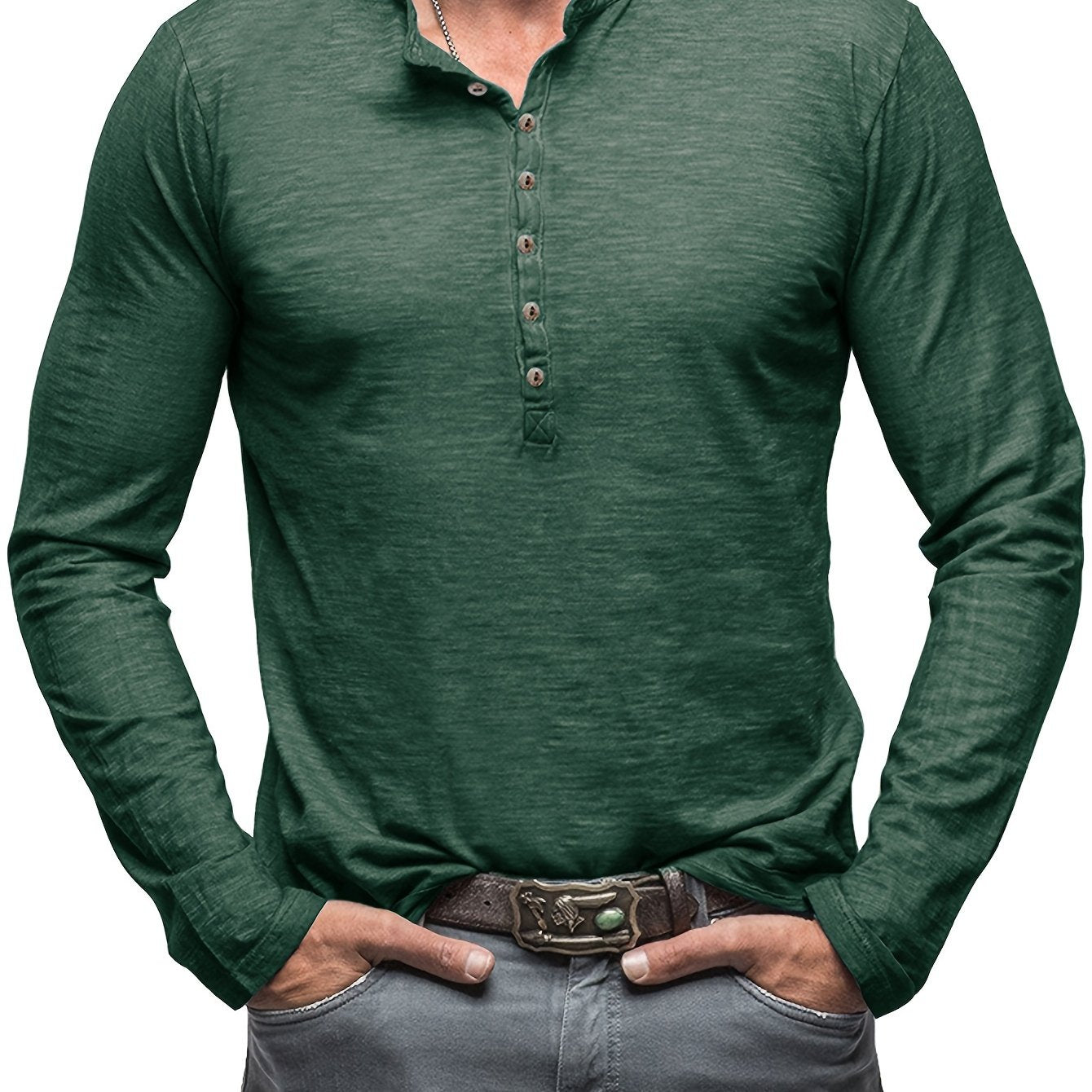 Solid Color Men's Long Sleeve Henley Shirt – Comfy, All-Match Casual Wear for Spring & Fall