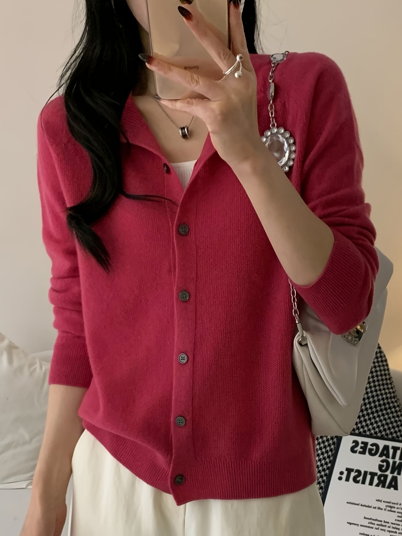 Women’s 100% Wool Cardigan – Round Neck Long Sleeve Button-Up Sweater, All-Season Casual Wear