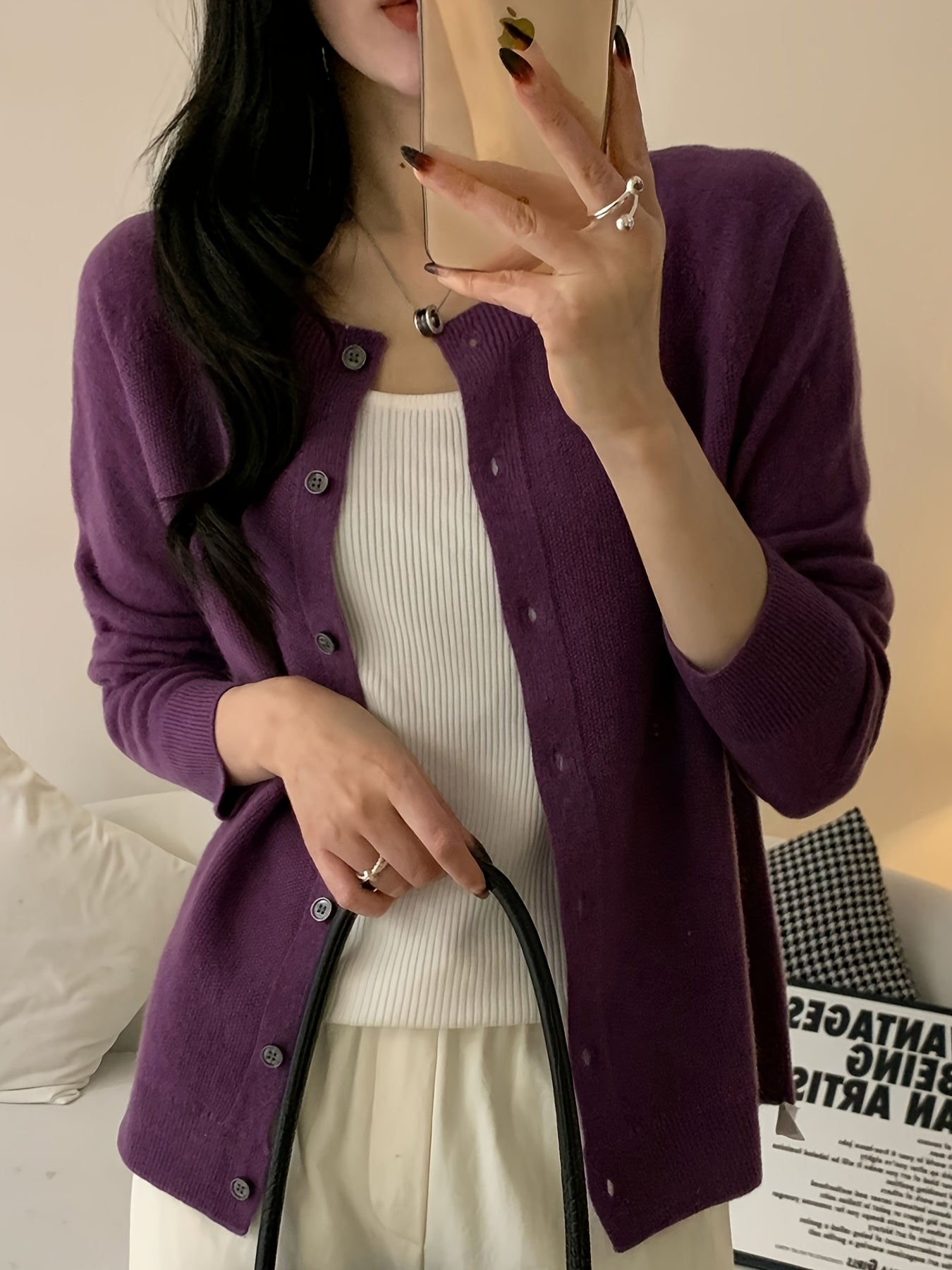 Women’s 100% Wool Cardigan – Round Neck Long Sleeve Button-Up Sweater, All-Season Casual Wear