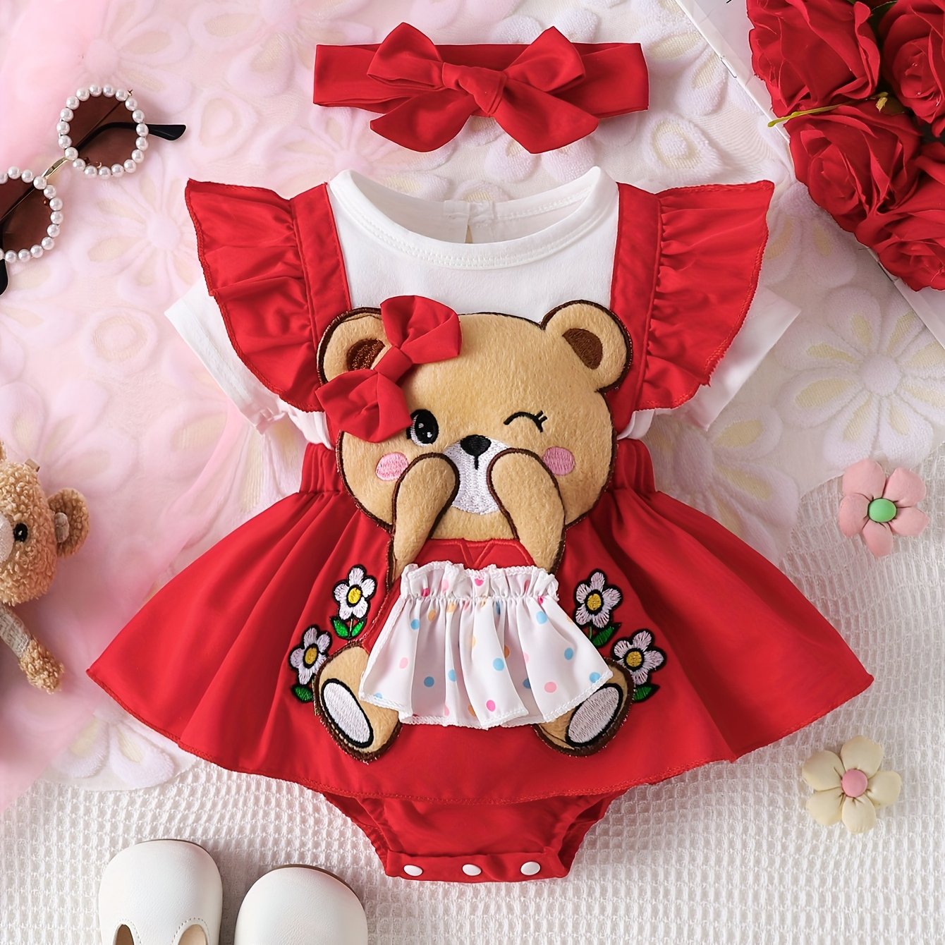 Baby Girl Bear Embroidered Bodysuit – Short Sleeve Romper with Ruffle Sleeves & Matching Bow