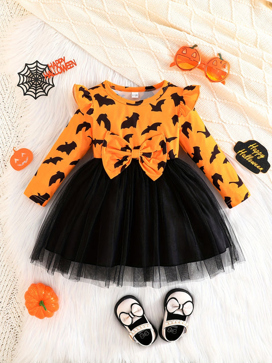 🦇 Girls’ Halloween Bat Dress – Long Sleeve Tulle Skirt