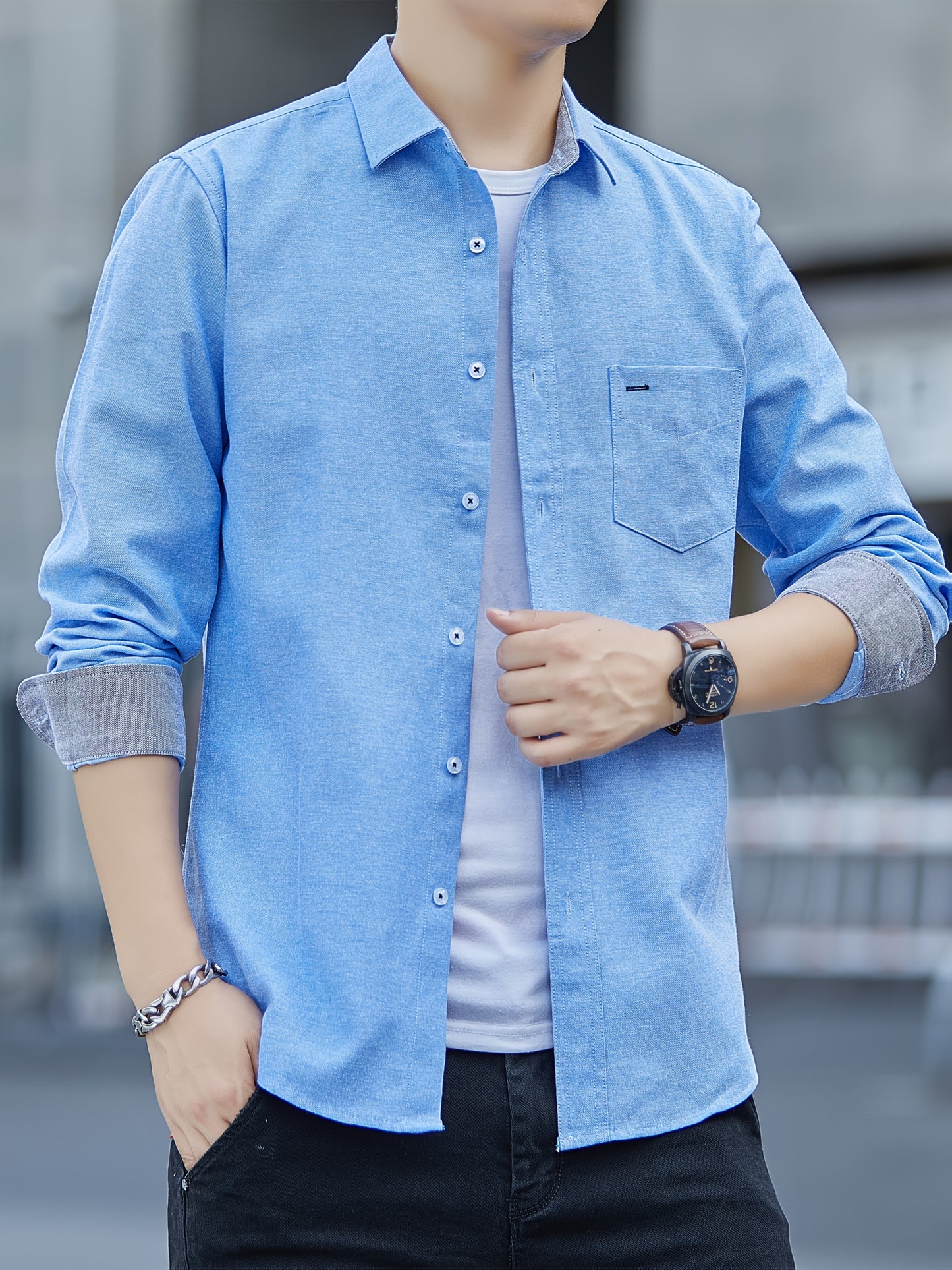 Men's Casual Button-Up Shirt with Contrast Cuffs & Chest Pocket – Embroidered Long Sleeve 2pcs Set, All-Season Wear