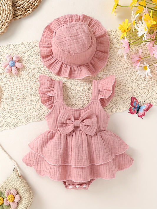 2pcs Little Girl Ruffle Strap Dress & Hat Set – Soft, Comfortable, Fashionable Outfit