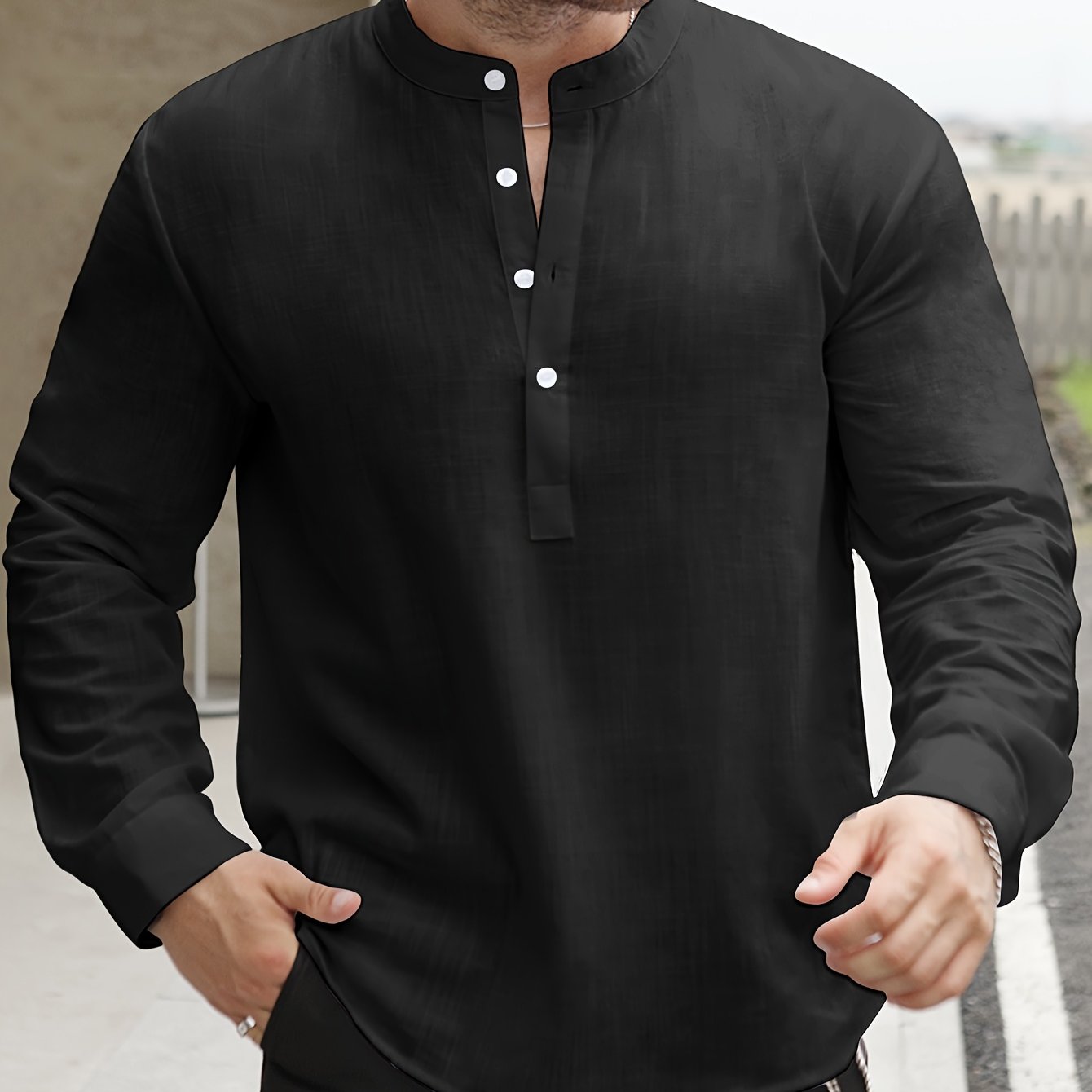 Lightweight Men’s Retro Shirt – Stand Collar Half-Sleeve, Solid Color with Bamboo Pattern