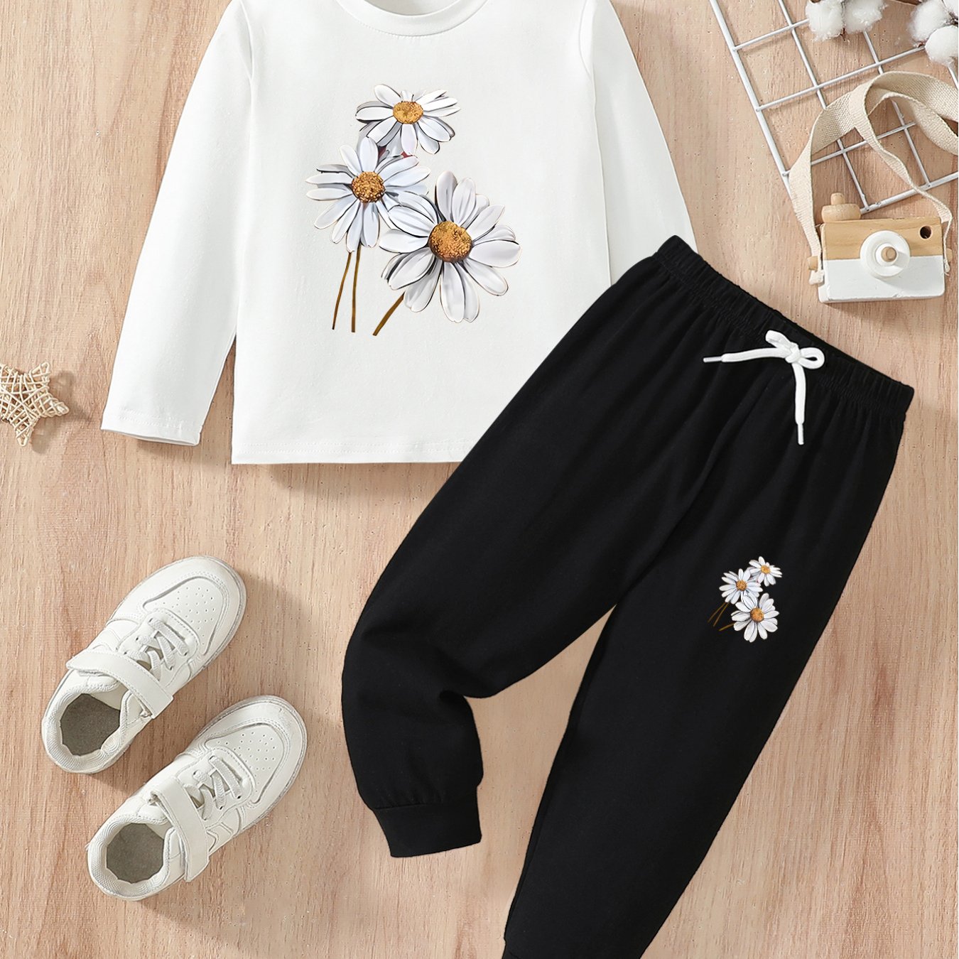 Girls’ 2PCS Outfit – Floral Print Long Sleeve Tee & Joggers, Comfy Fall/Winter Wear