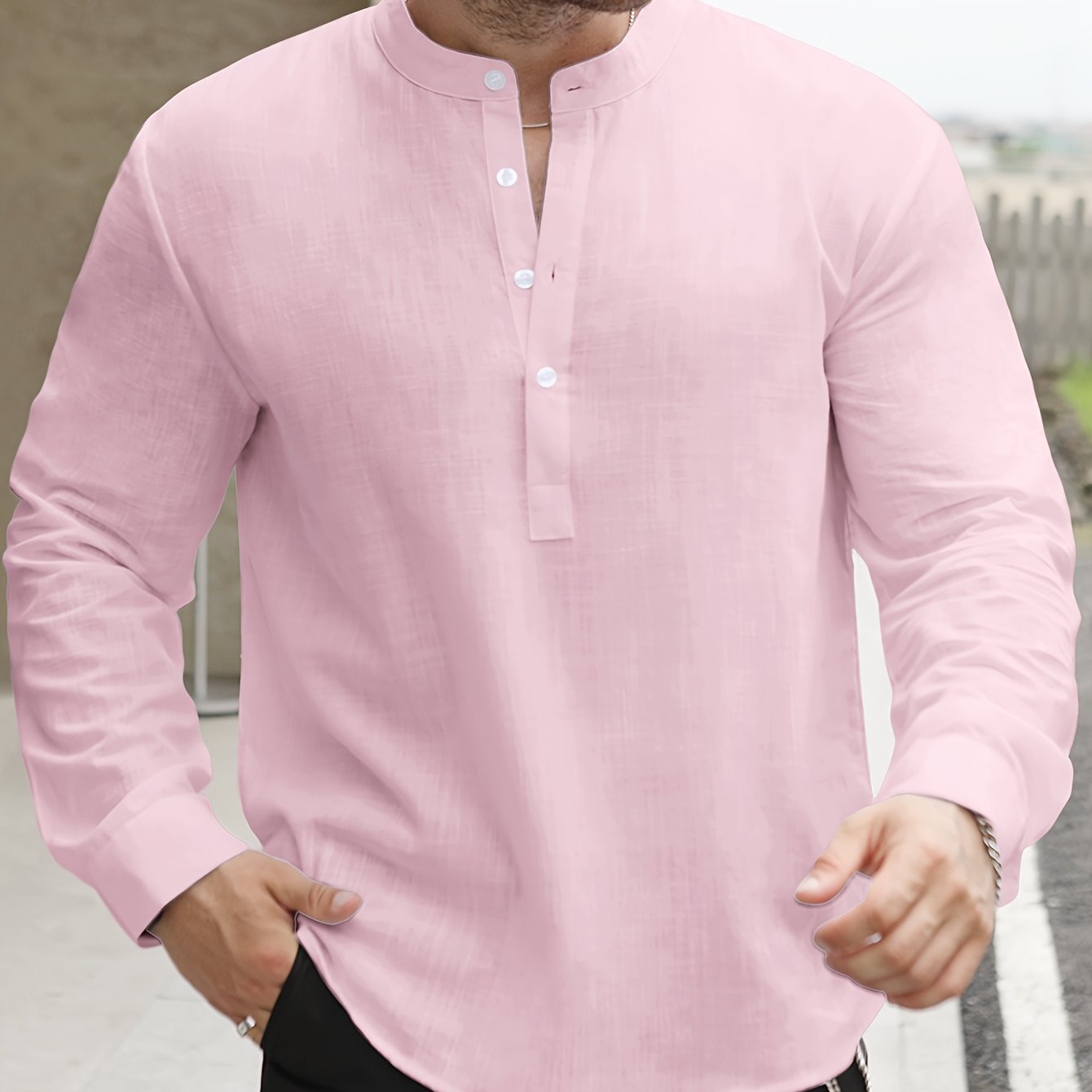 Lightweight Men’s Retro Shirt – Stand Collar Half-Sleeve, Solid Color with Bamboo Pattern
