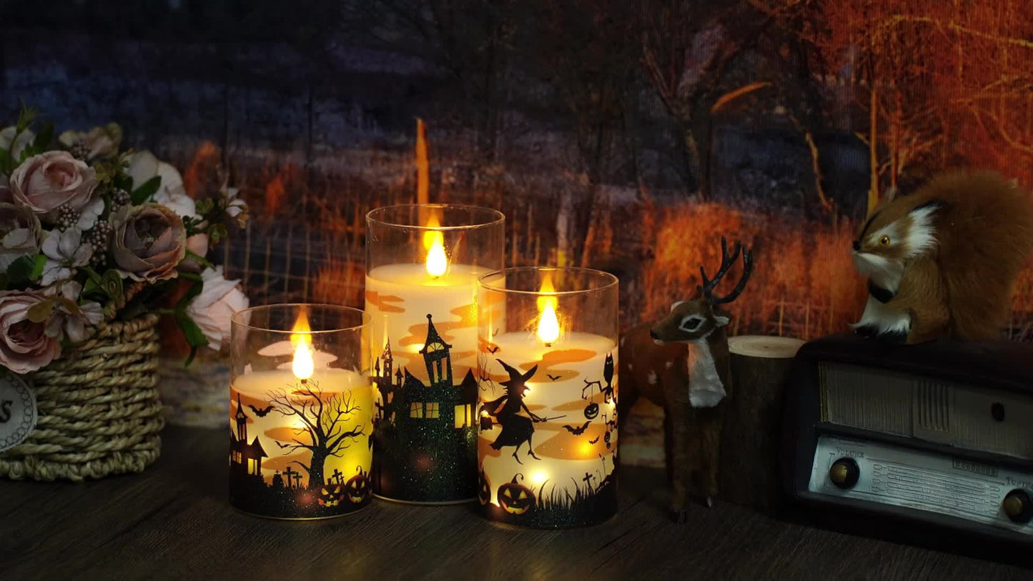 🕯️ 3pcs Halloween Candles – Glittery Witch Hat & Haunted House