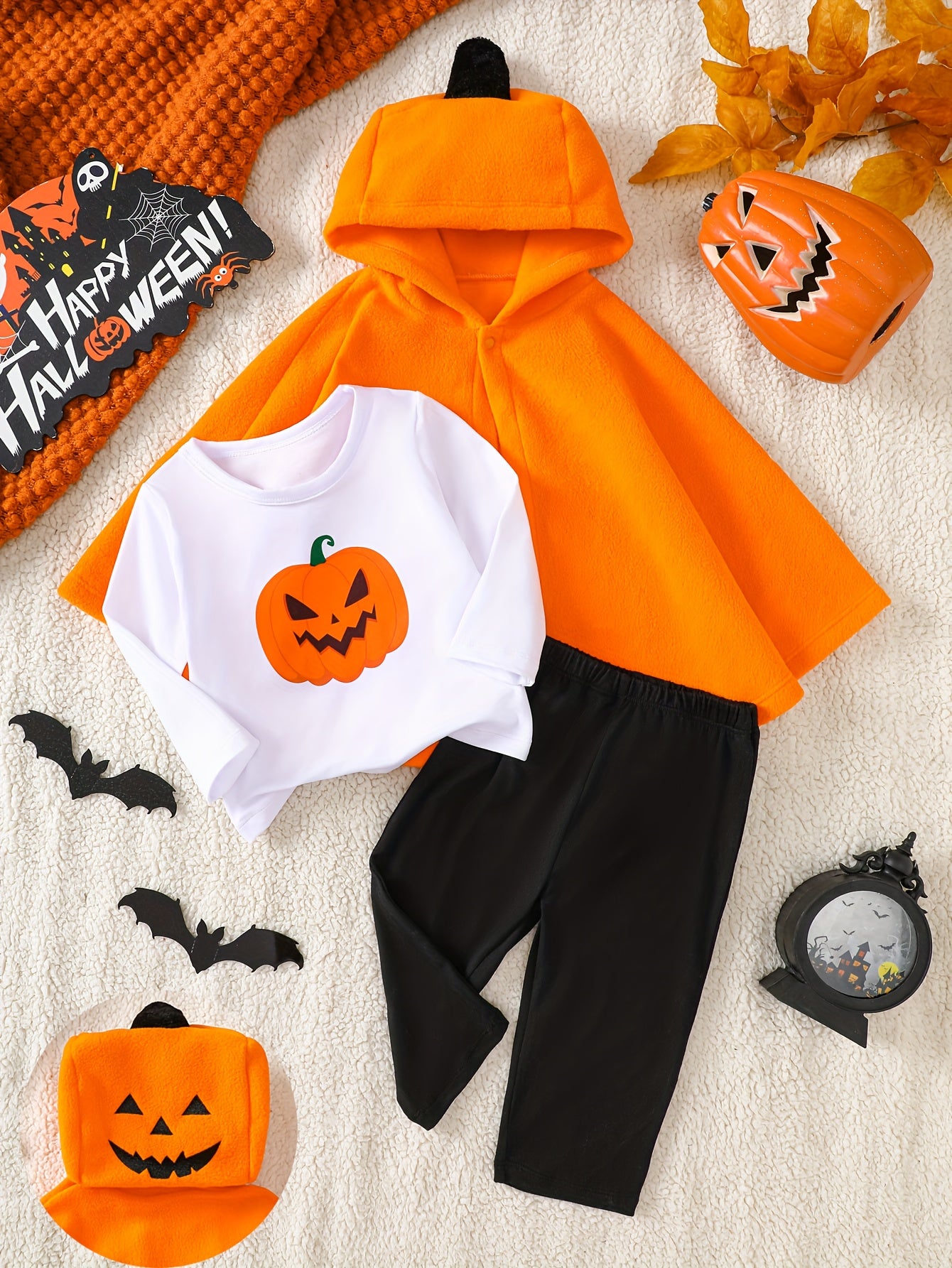 🎃 3pcs Halloween Outfit – Fleece Pumpkin Cape Set for Kids
