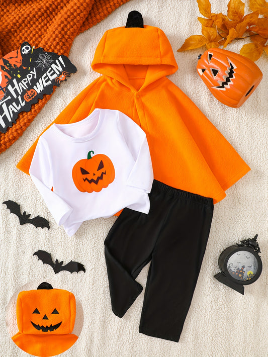 🎃 3pcs Halloween Outfit – Fleece Pumpkin Cape Set for Kids
