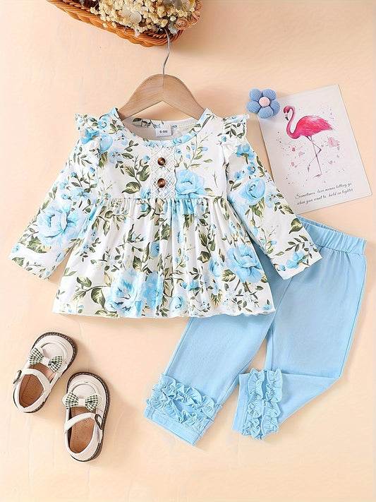 Girls' Blue Floral Long-Sleeve Top & Lace-Trim Pants Set