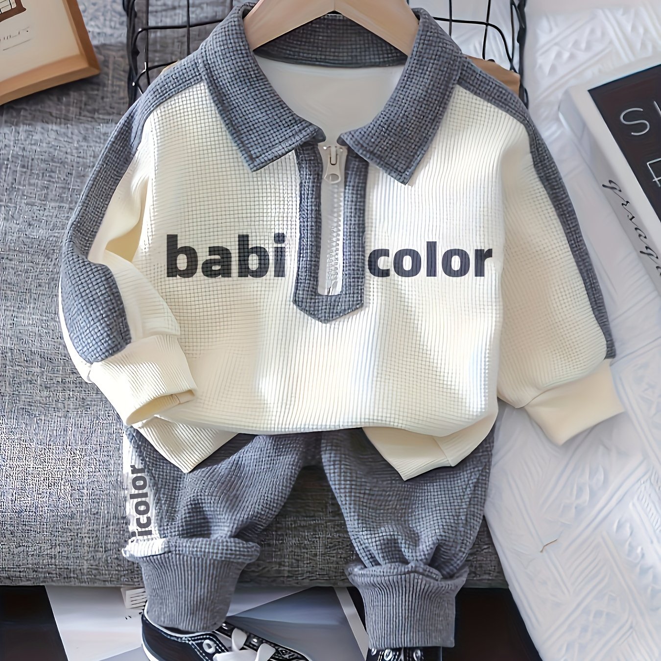 Boys’ Two-Piece Long Sleeve Set – Lapel Letter Print Outfit for Spring/Autumn Outdoor Wear