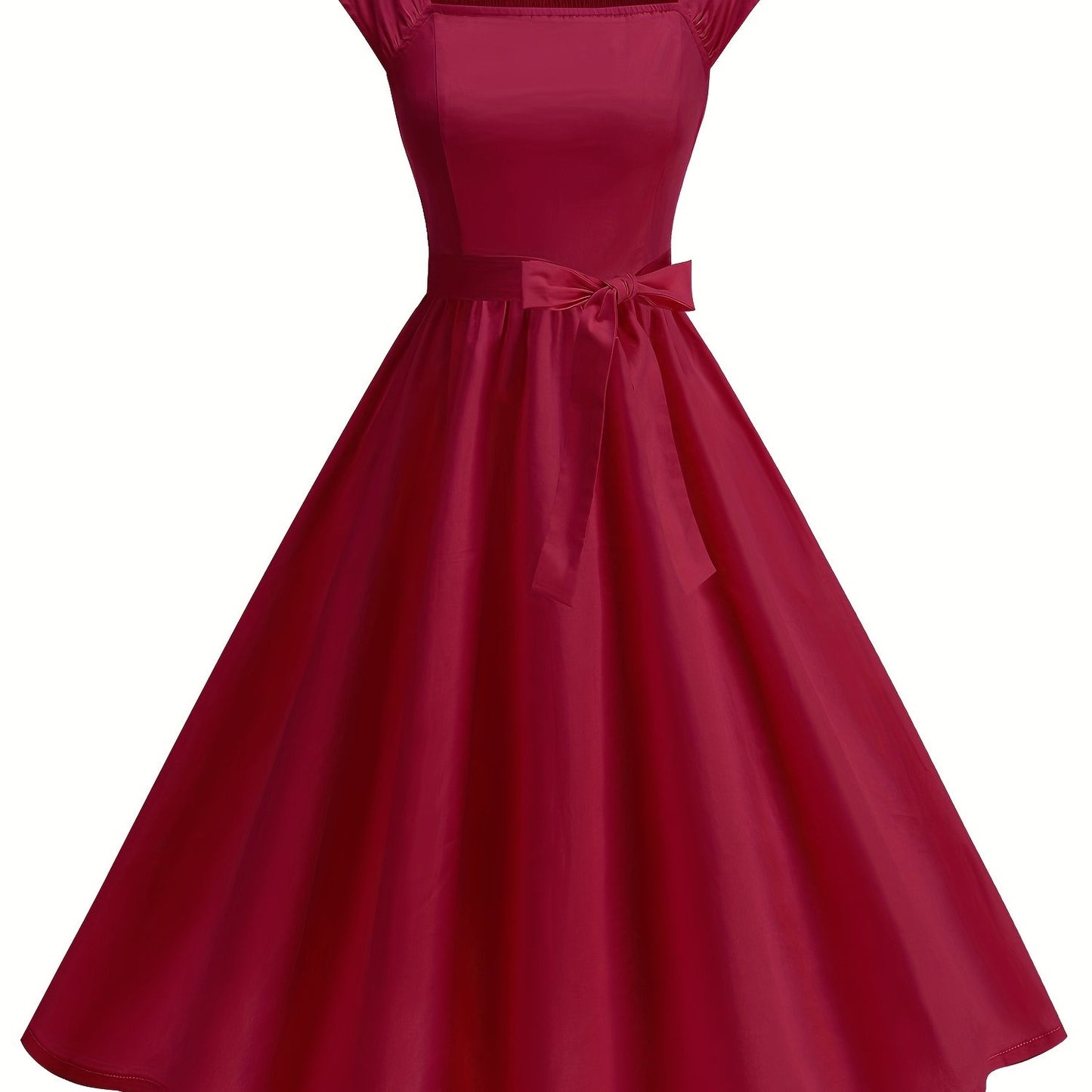 Women’s Retro Dress – Ruffled Hem, Bow Detail, Square Neck & Cinched Waist, Perfect for Spring/Summer/Fall