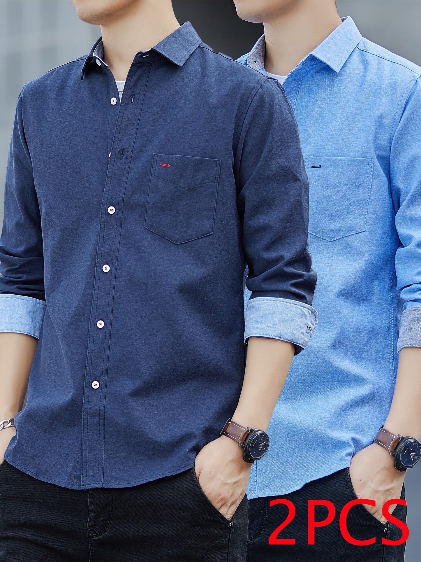 Men's Casual Button-Up Shirt with Contrast Cuffs & Chest Pocket – Embroidered Long Sleeve 2pcs Set, All-Season Wear