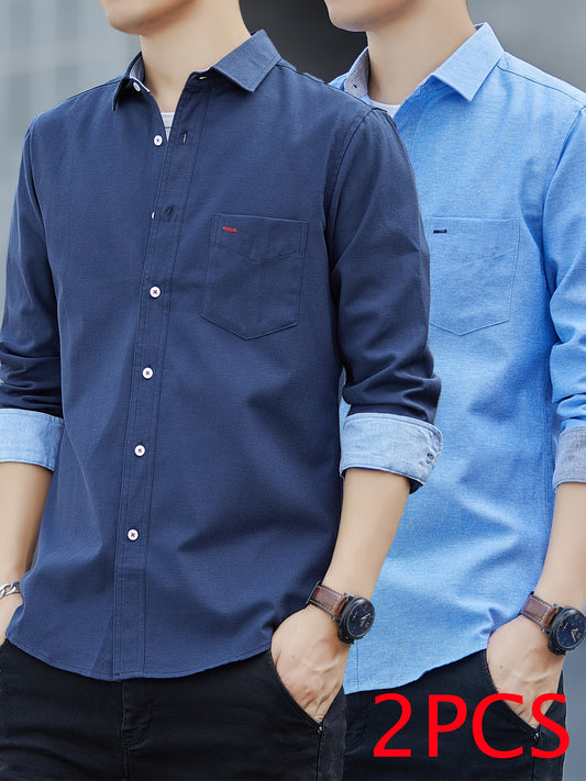 Men's Casual Button-Up Shirt with Contrast Cuffs & Chest Pocket – Embroidered Long Sleeve 2pcs Set, All-Season Wear
