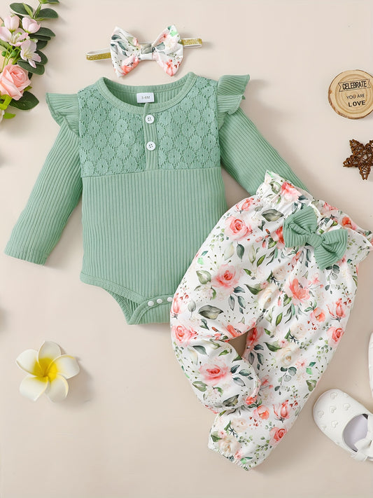 Girls’ 3PCS Outfit – Long Sleeve Top, Floral Pants & Headband Set for Outdoor