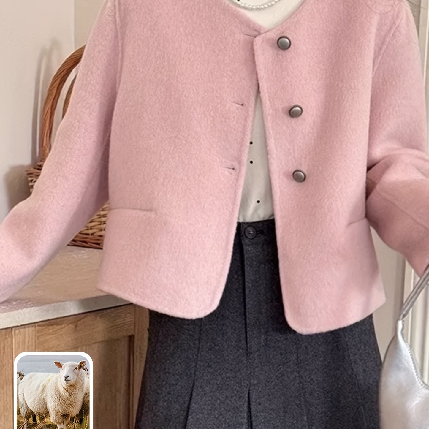 Women’s Wool Tweed Jacket – Cropped Cardigan with Buttons & Pockets, Chic Fall/Winter Fashion