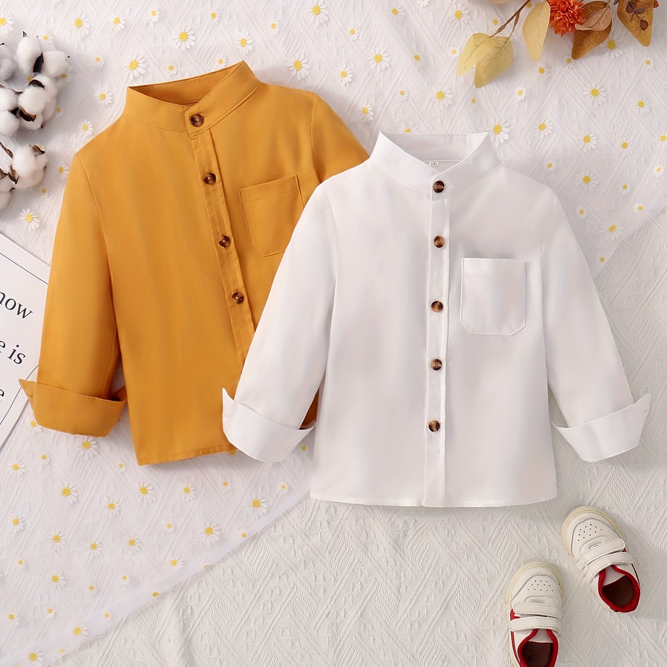 Boys’ 2PCS Stand Collar Long Sleeve Shirt Set – Casual Tops with Pockets