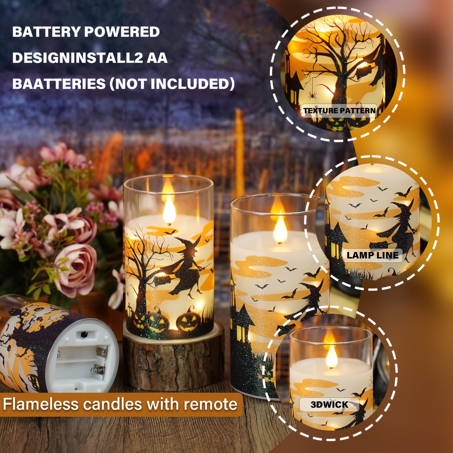 🕯️ 3pcs Halloween Candles – Glittery Witch Hat & Haunted House