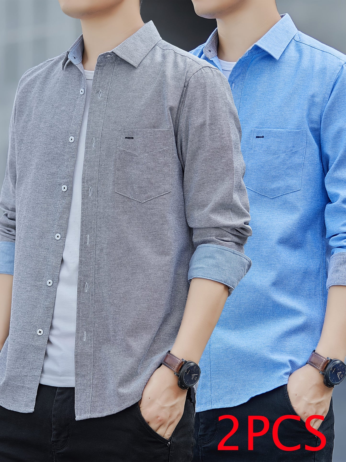 Men's Casual Button-Up Shirt with Contrast Cuffs & Chest Pocket – Embroidered Long Sleeve 2pcs Set, All-Season Wear