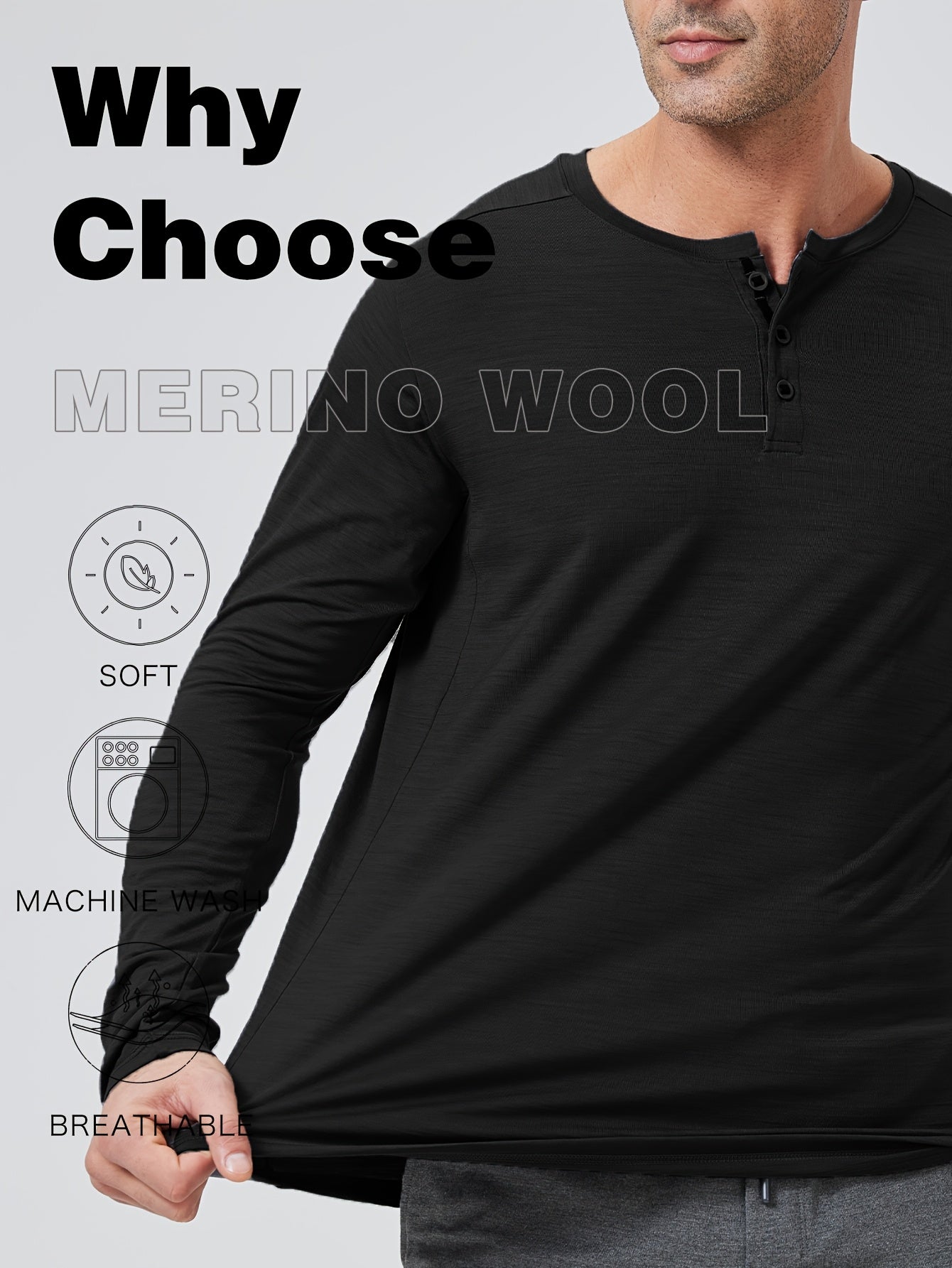Men's Merino Wool Quick-Dry Long-Sleeve Henley Thermal Base Layer – Autumn/Winter Skiing Essential