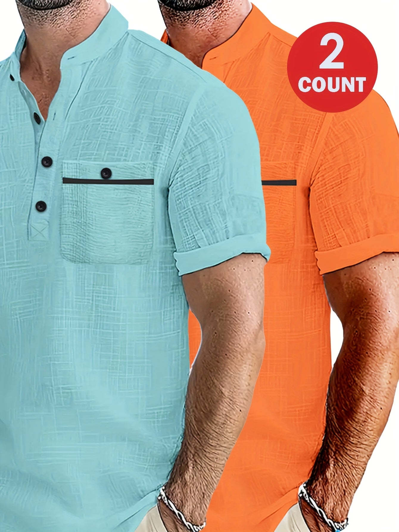Men's 2pcs 100% Cotton Casual Set – Lightweight Moisture-Wicking Short Sleeve Shirt with Round Neck, Button & Pocket Print, Perfect for Summer Vacation