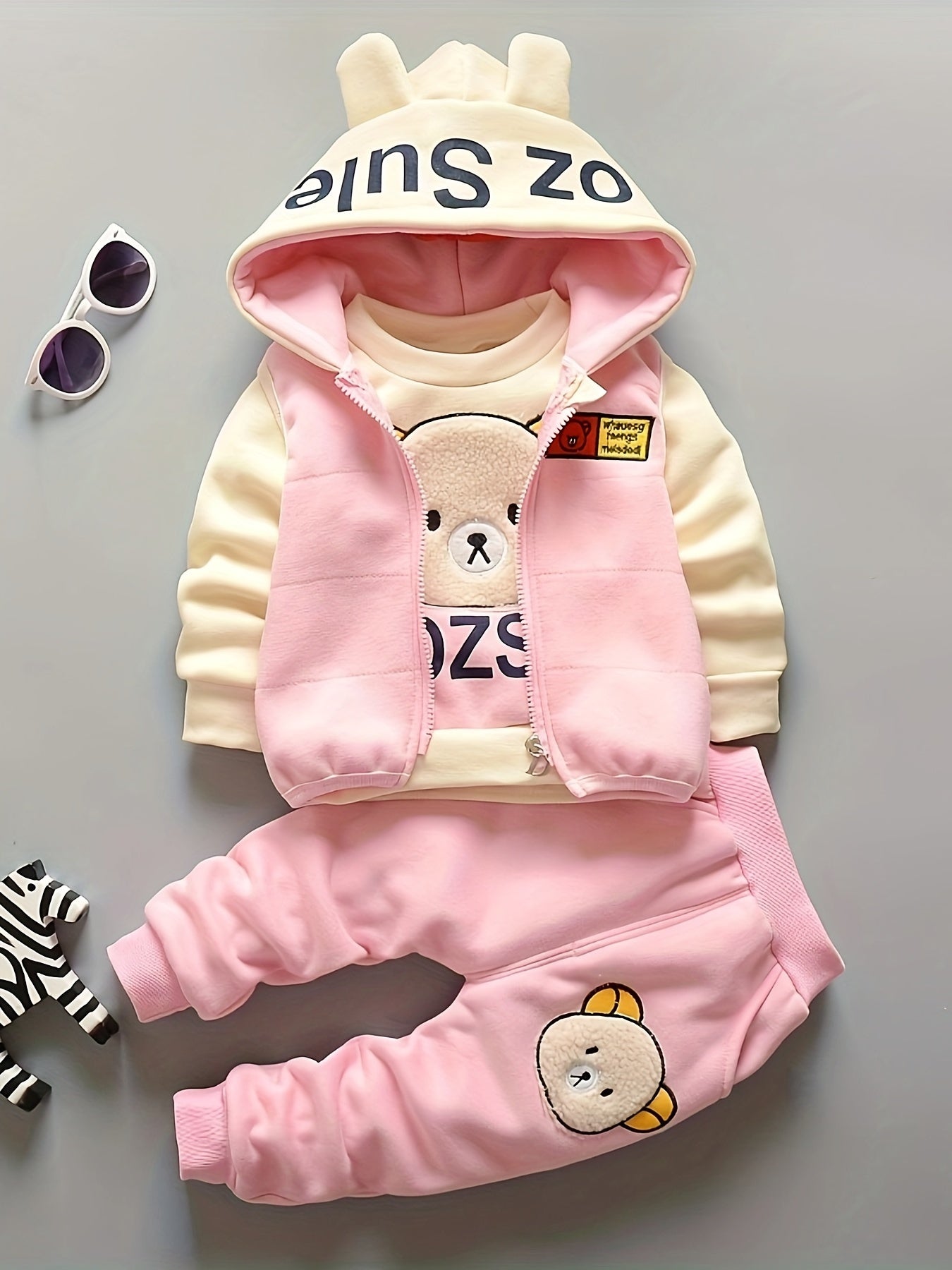 Girls’ 3PCS Winter Outfit – Fleece Hooded Top, Pants & Hat Set, Warm Outdoor Wear