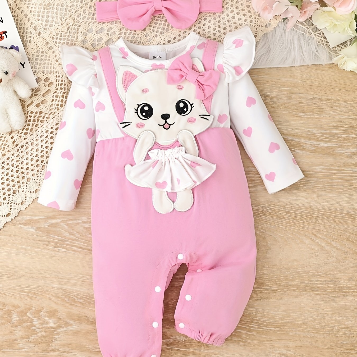 Conjunto de macacão 2 peças para bebé 0–18 meses – Macacão de manga comprida com folha de lótus e chapéu, bordado de gatinho de desenho animado para outono/inverno