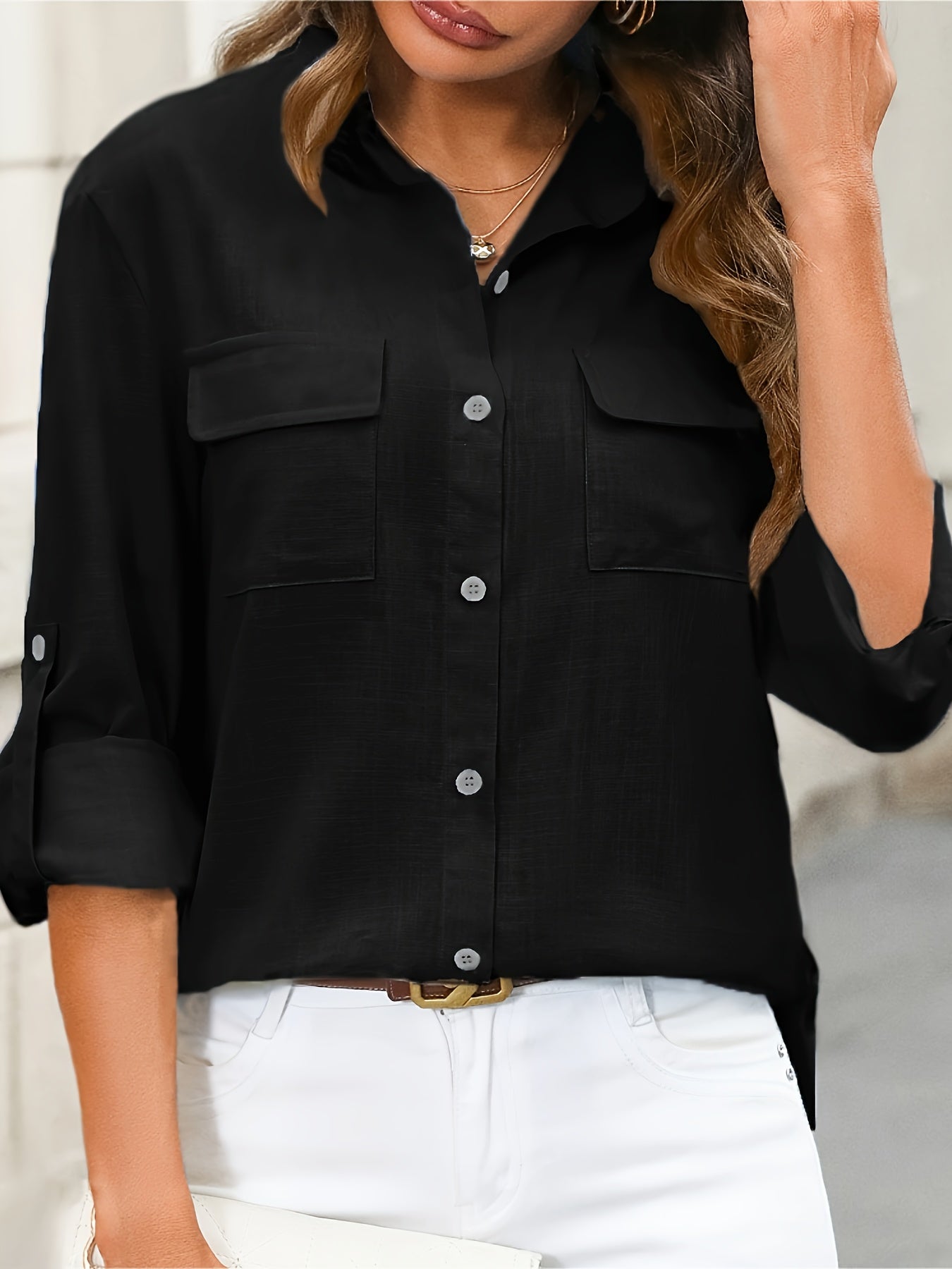 Women’s Long Sleeve Button-Up Blouse – Elegant Office & Casual Shirt with Classic Collar