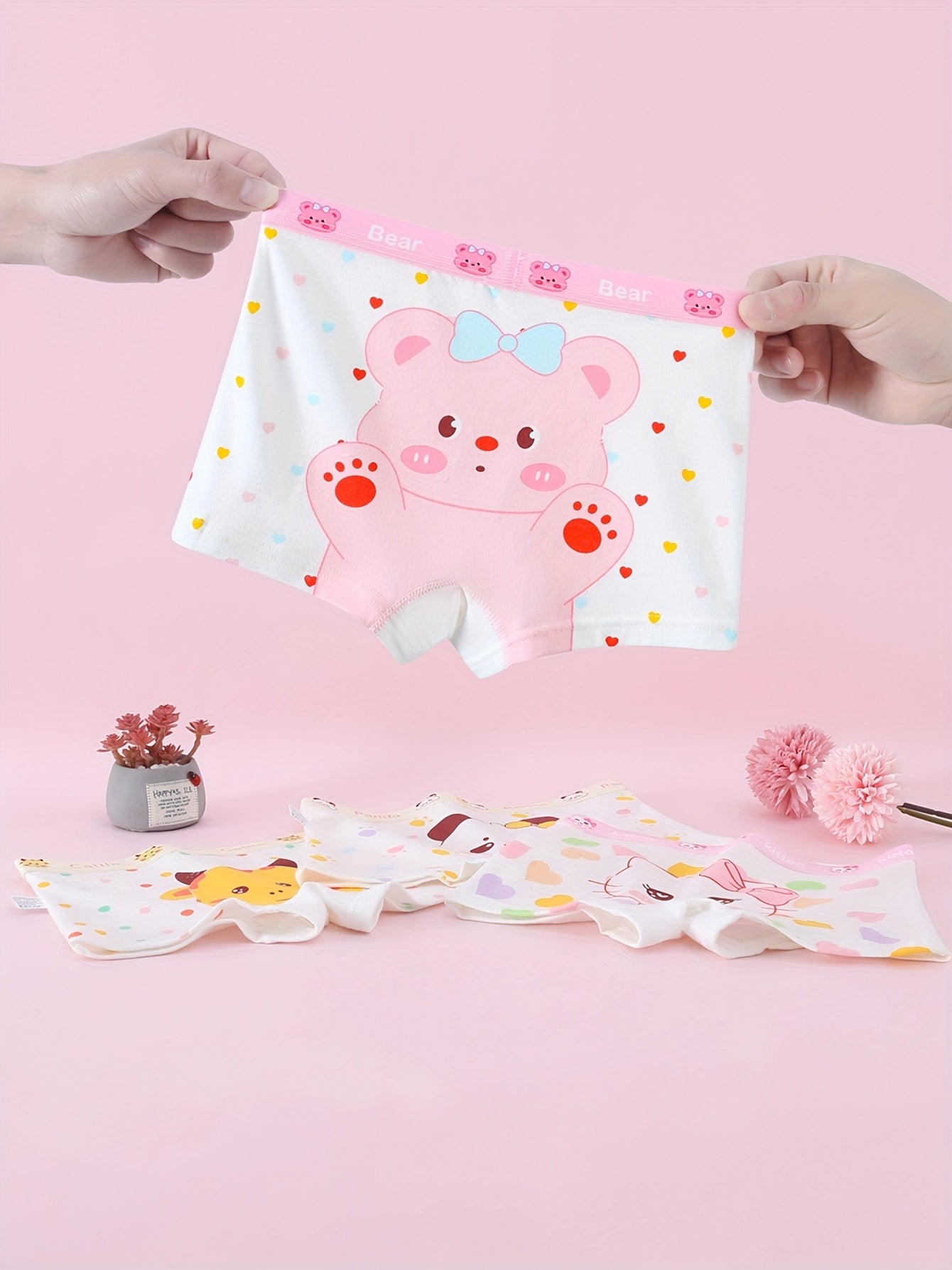 4pcs Girls' Cartoon Animal Boxer Briefs – Soft Cotton, Comfortable Everyday Underwear for Kids