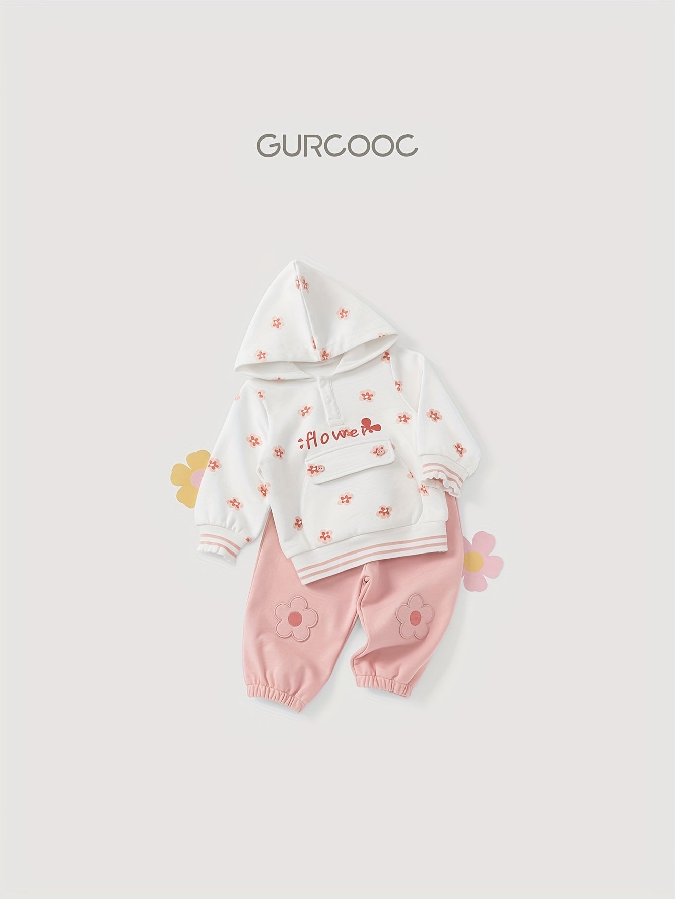 Gurcooc Girls' Hooded Sweatshirt & Pants Set – Floral Print Long Sleeve Pullover with Front Buttons, Spring/Fall Casual Outfit for Outdoor Play