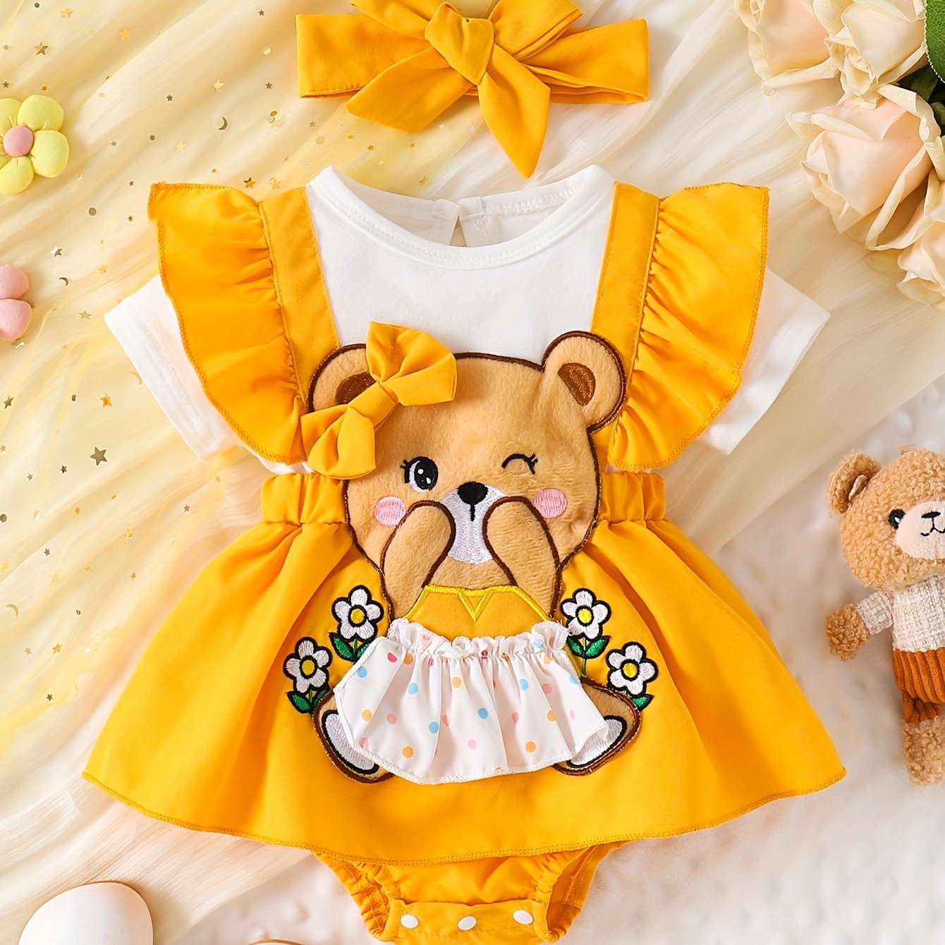 Baby Girl Bear Embroidered Bodysuit – Short Sleeve Romper with Ruffle Sleeves & Matching Bow