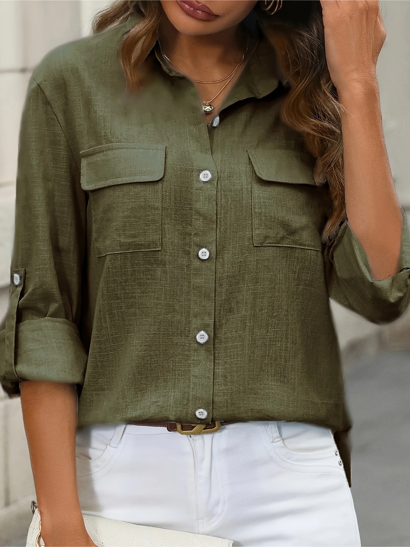 Women’s Long Sleeve Button-Up Blouse – Elegant Office & Casual Shirt with Classic Collar