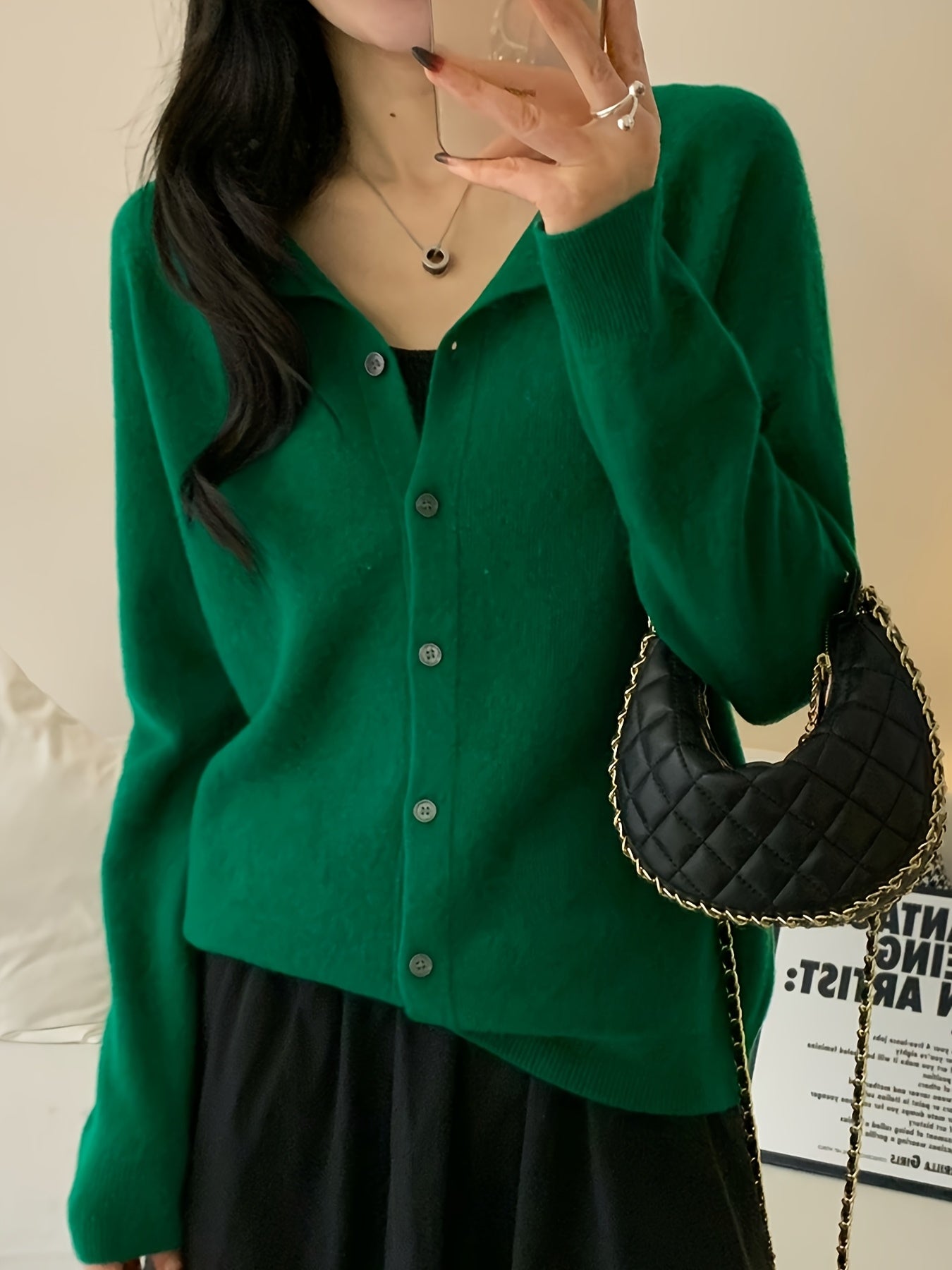 Women’s 100% Wool Cardigan – Round Neck Long Sleeve Button-Up Sweater, All-Season Casual Wear