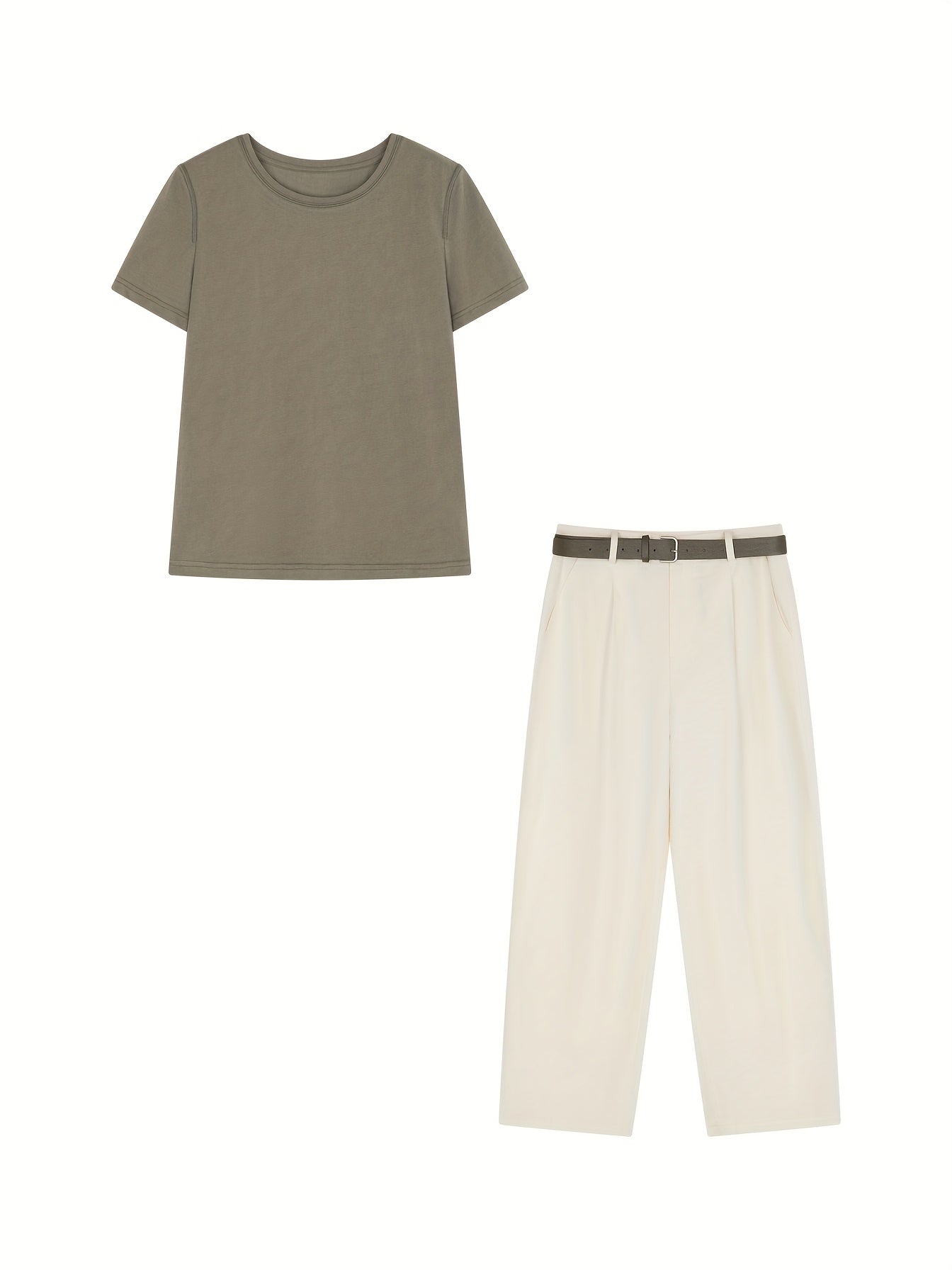 Women’s Pants Set – Casual Belted T-Shirt & Pants Combo, Comfortable Summer Outfit