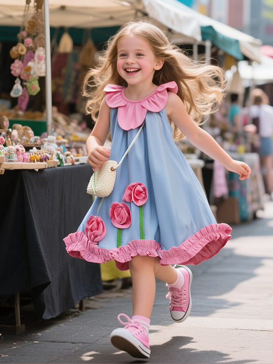 🌸 Girls’ Floral Dress – Light Blue & Pink Party Outfit