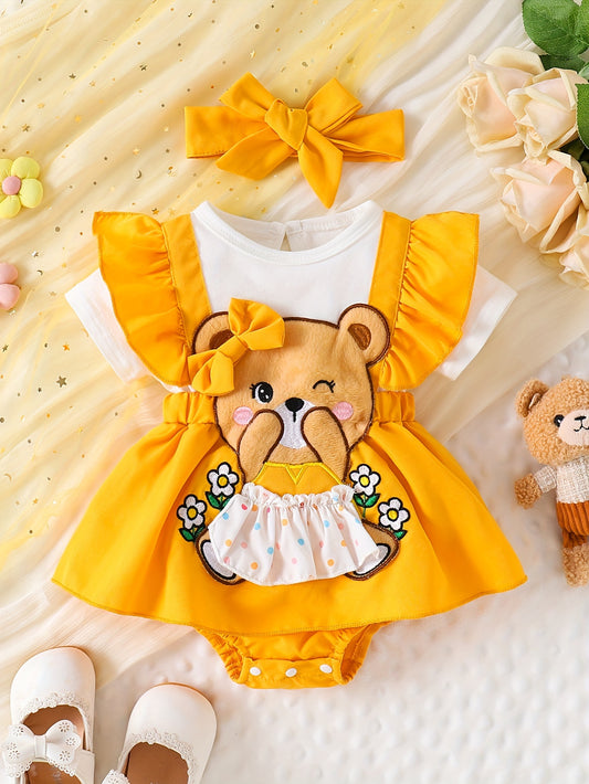 Baby Girl Bear Embroidered Bodysuit – Short Sleeve Romper with Ruffle Sleeves & Matching Bow