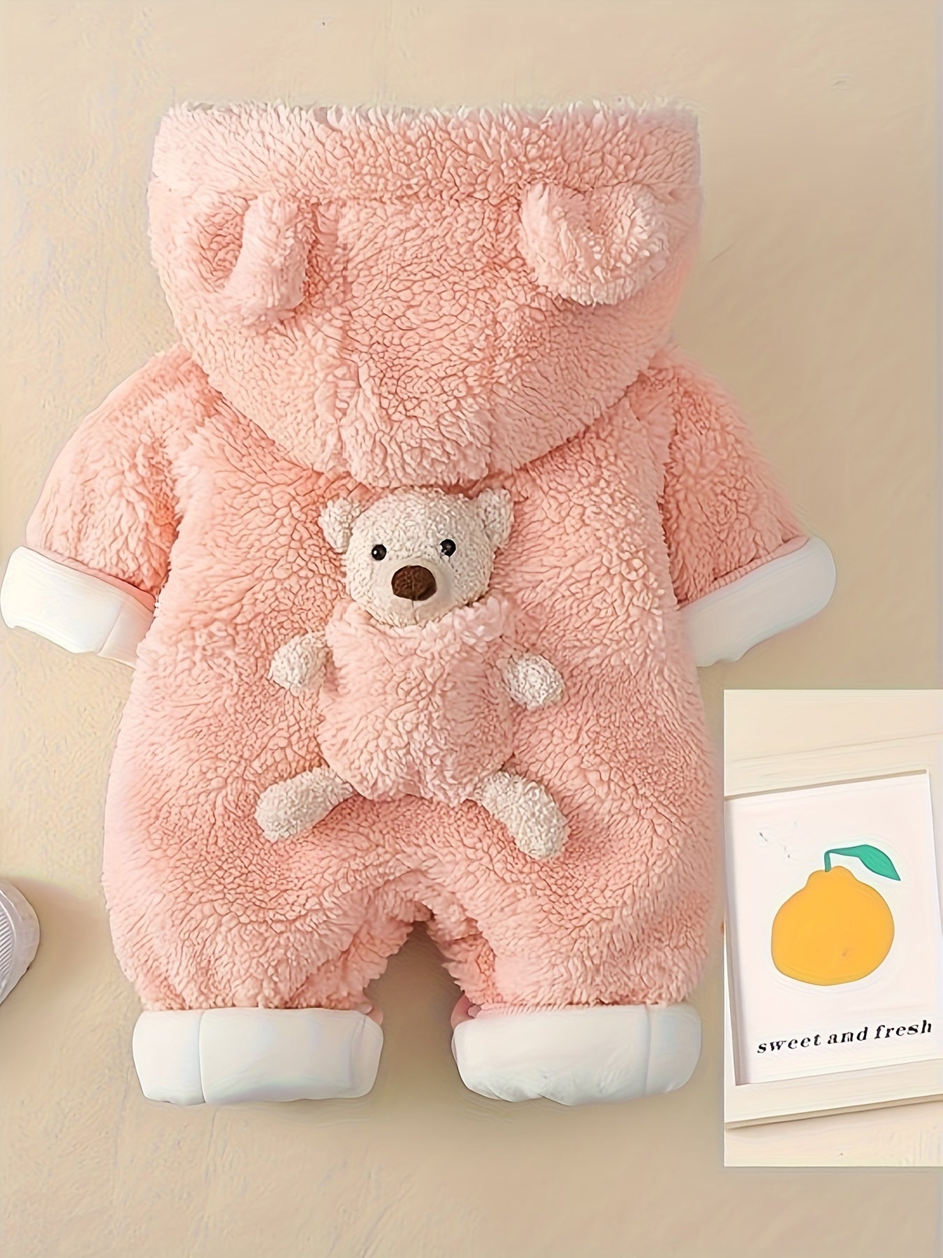 Baby Winter Hooded Jumpsuit – Warm Bear Decor Outfit for Newborn Boys & Girls, Suitable for Indoor & Outdoor Wear