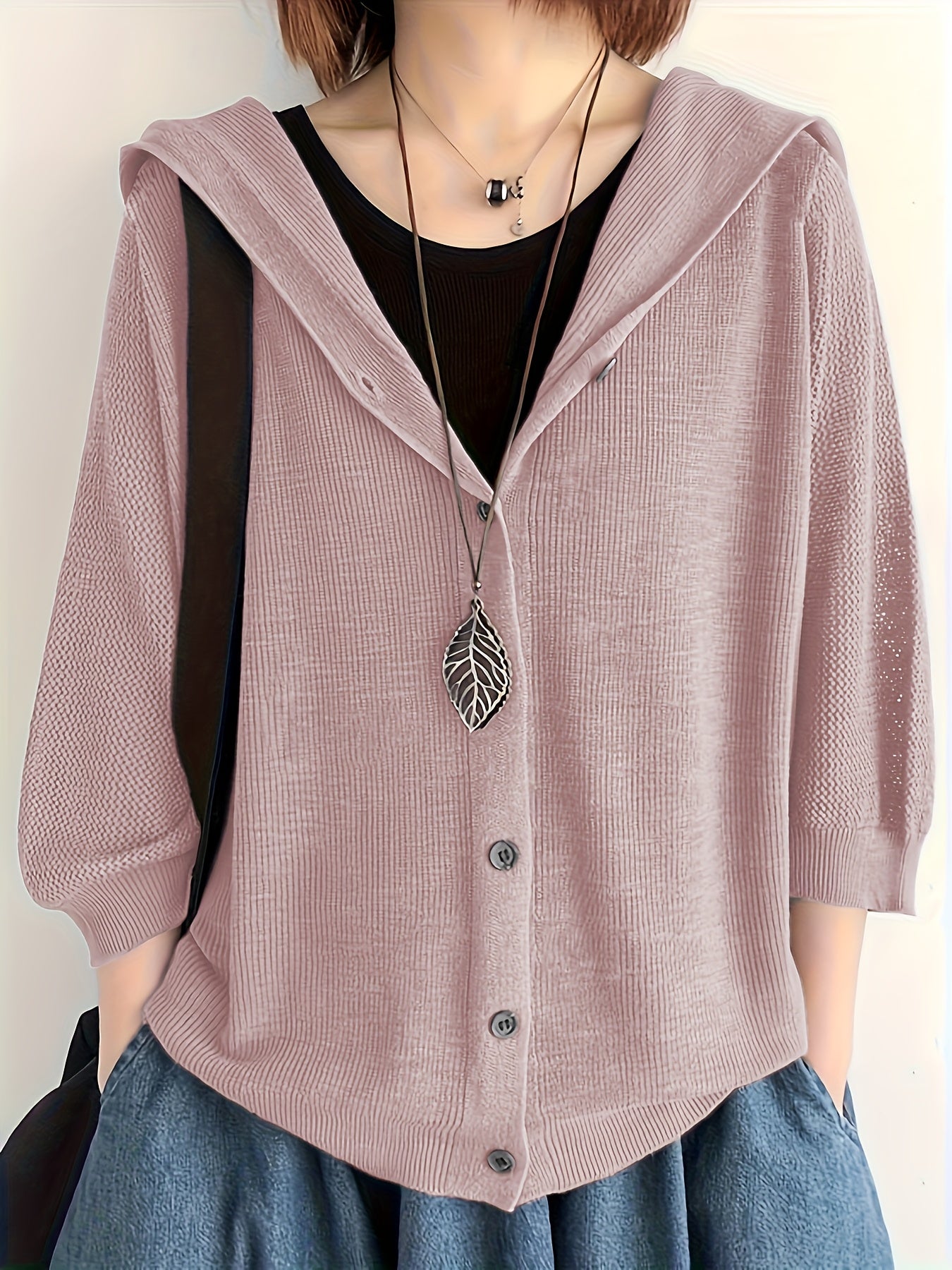 Women’s Lightweight V-Neck Cardigan – Hollow-Out 3/4 Sleeves, Stylish Spring & Fall Layer