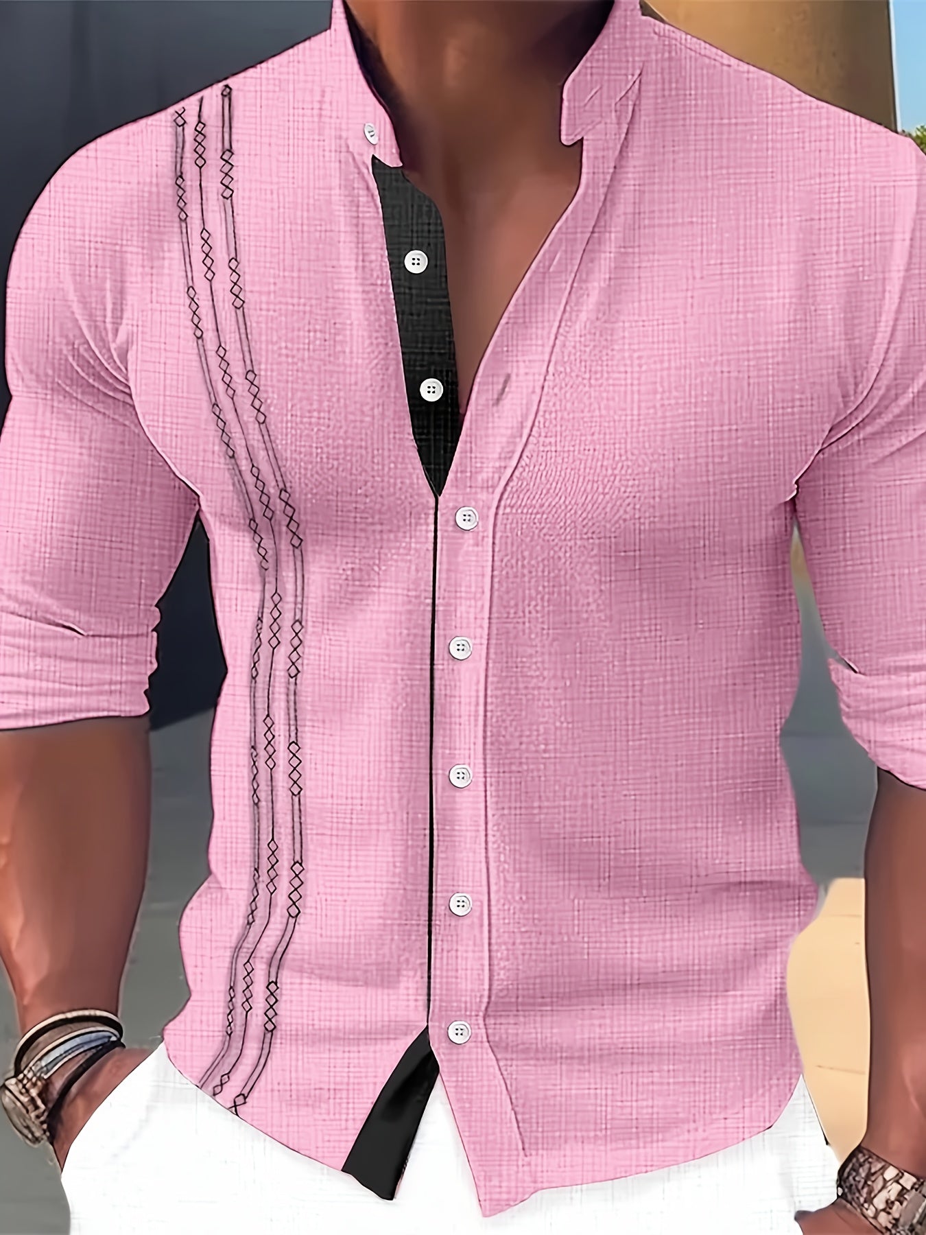 Men’s Stand Collar Button-Up Shirt – Long Sleeve Casual Dress Shirt, Regular Fit for Spring/Fall