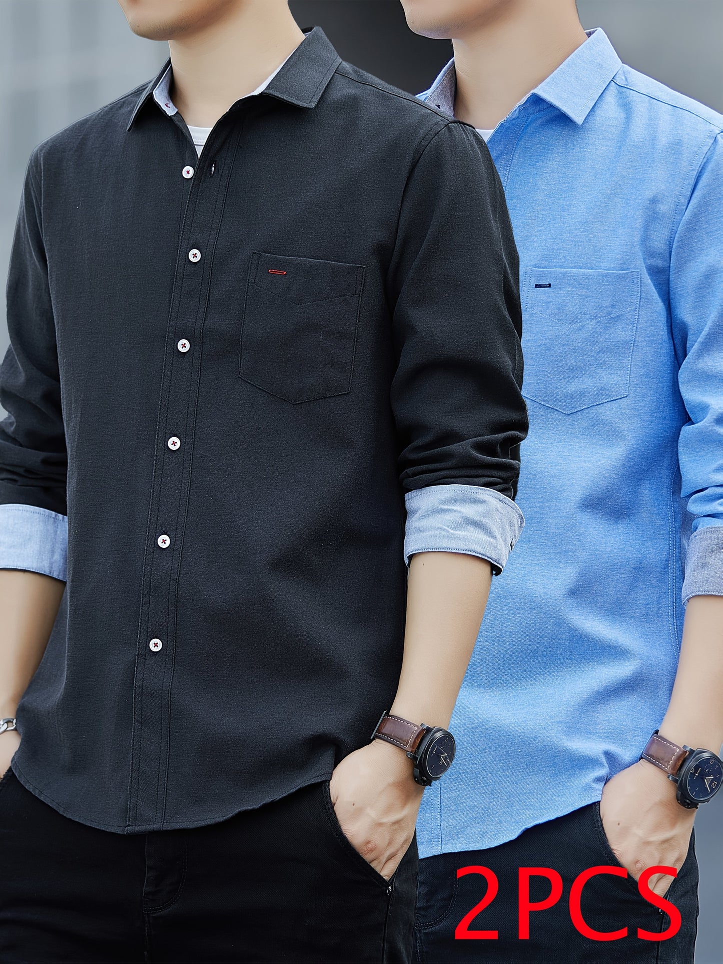 Men's Casual Button-Up Shirt with Contrast Cuffs & Chest Pocket – Embroidered Long Sleeve 2pcs Set, All-Season Wear