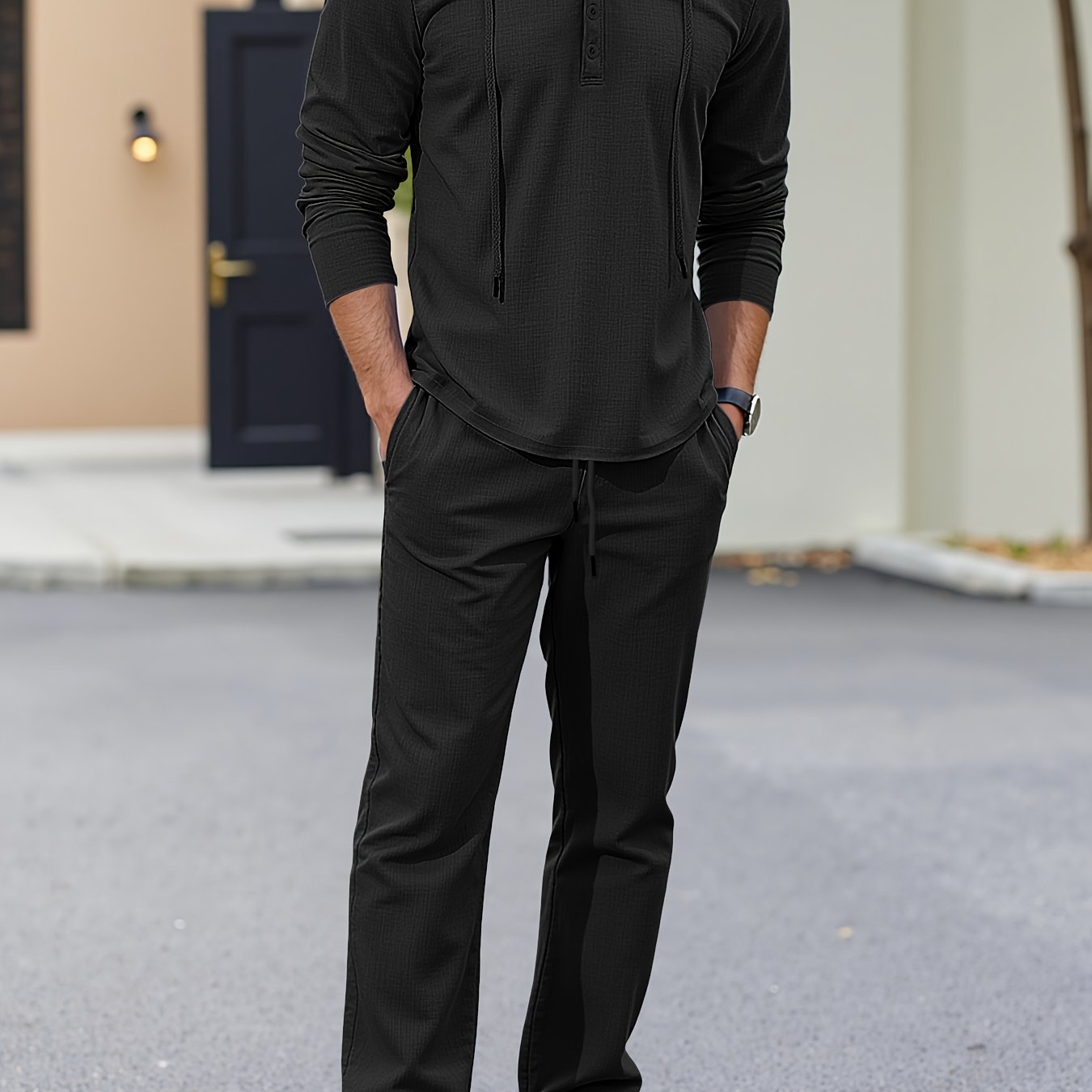 Men’s Summer Linen 2pcs Set – Hooded Long Sleeve Shirt & Drawstring Pants