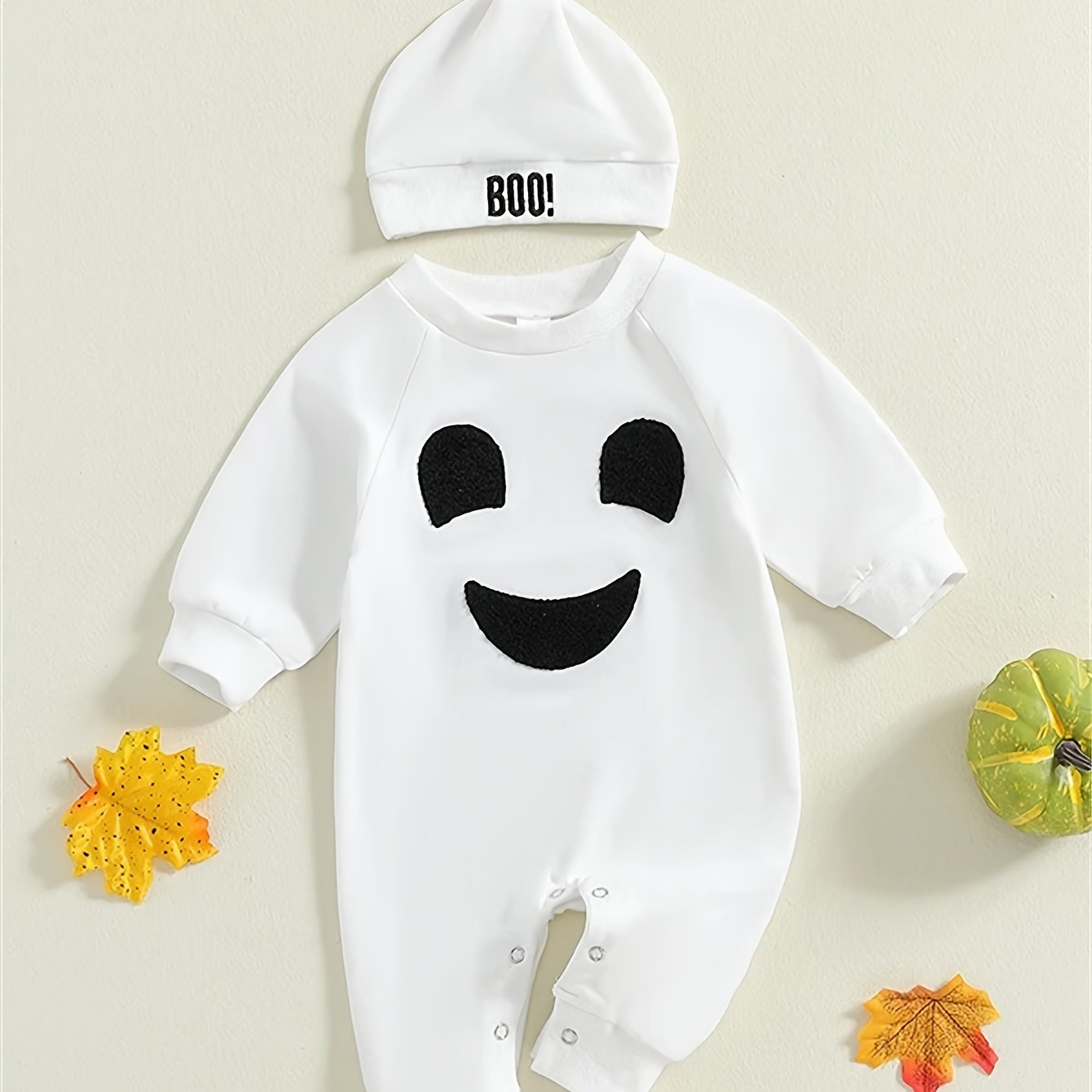 🎃 Boys' Halloween Bodysuit & Hat Set – Embroidered Long Sleeve Romper for Newborns