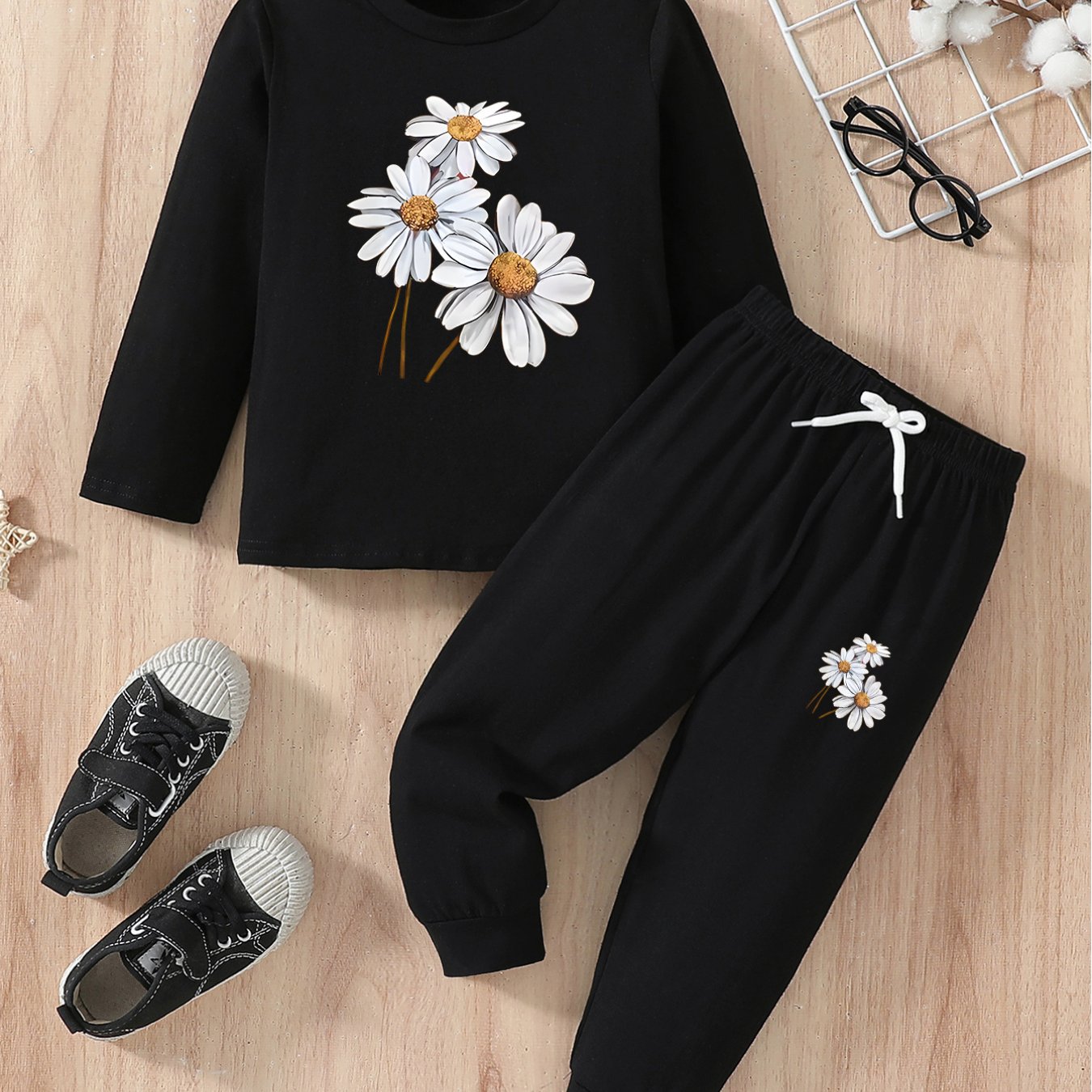 Girls’ 2PCS Outfit – Floral Print Long Sleeve Tee & Joggers, Comfy Fall/Winter Wear