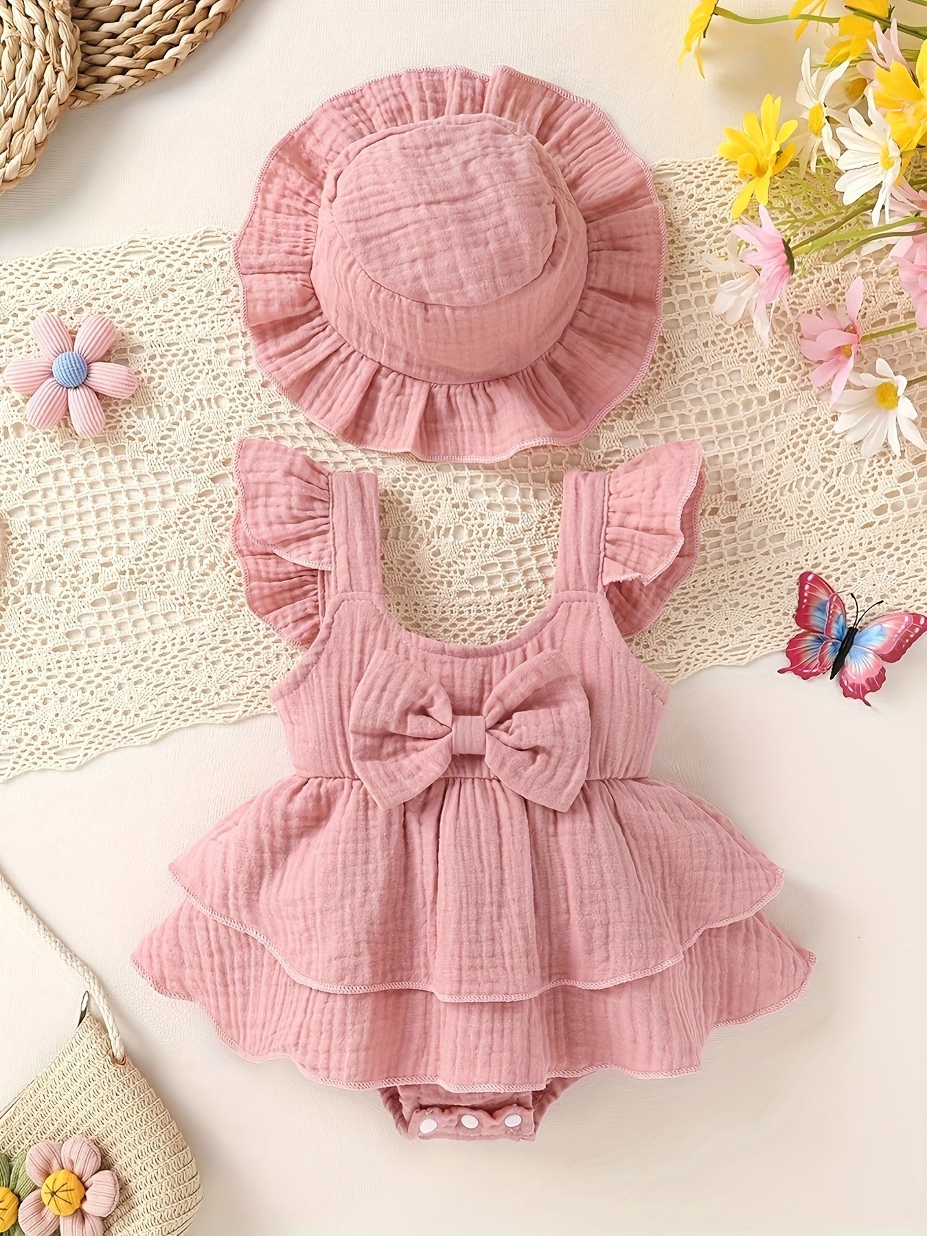 2pcs Little Girl Ruffle Strap Dress & Hat Set – Soft, Comfortable, Fashionable Outfit