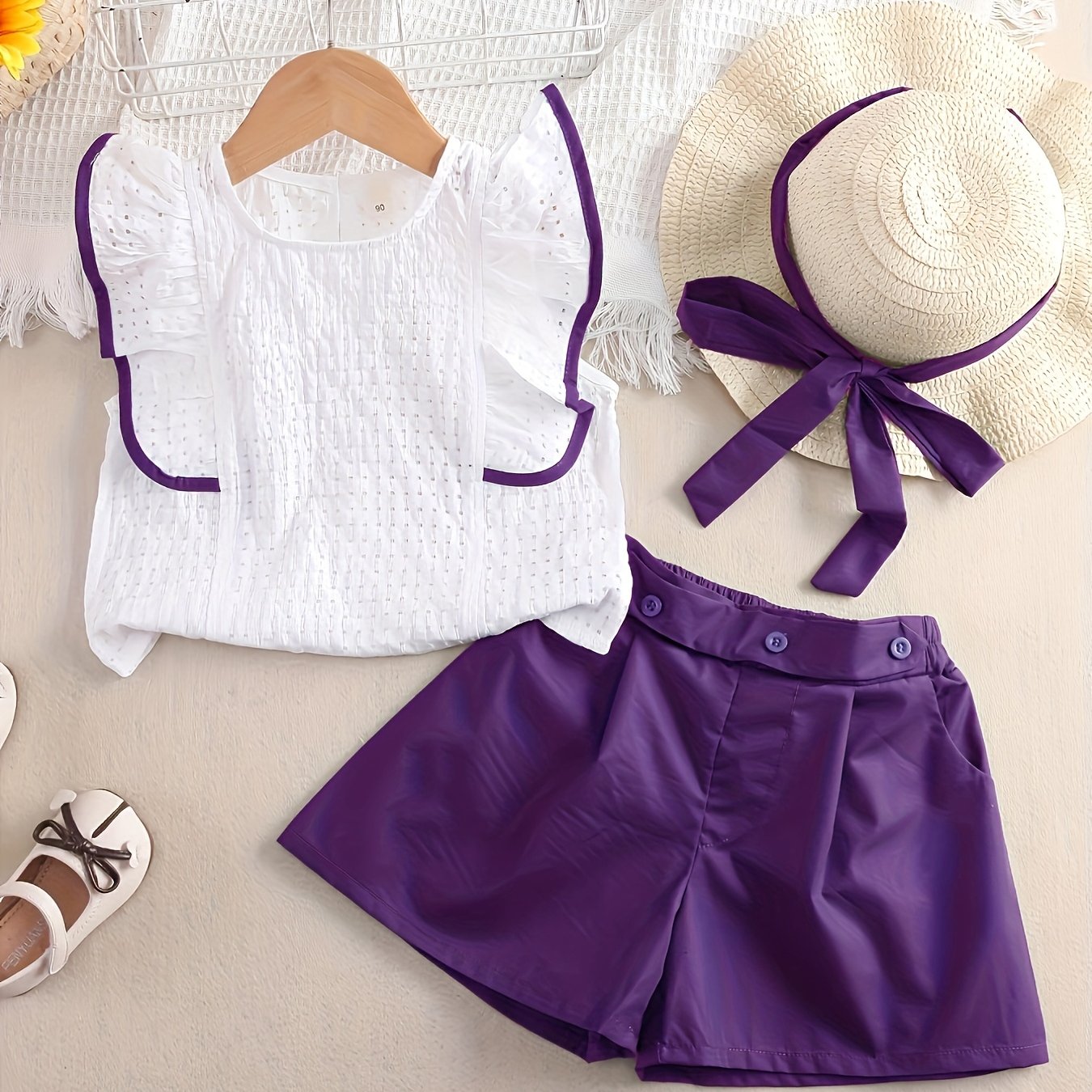 Girls’ Summer 2PCS Outfit – Ruffled Top & Button Shorts with Hat