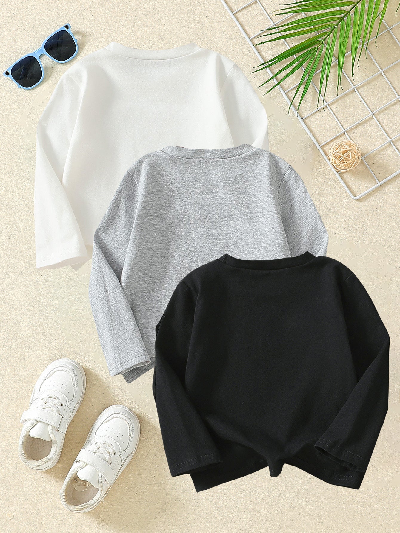 Kids’ 3PCS Cotton Long Sleeve Tops – Casual Spring/Autumn Outfit, Round Neck