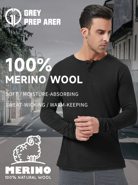 Men's Merino Wool Quick-Dry Long-Sleeve Henley Thermal Base Layer – Autumn/Winter Skiing Essential