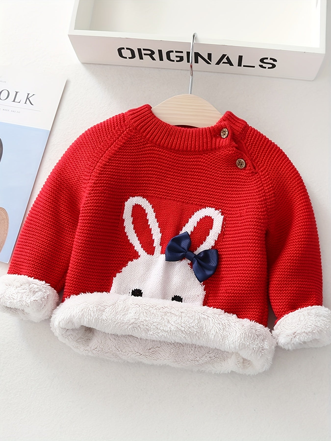 🐰 Girls’ Bunny Bow Sweater – Cozy Fleece Winter Pullover